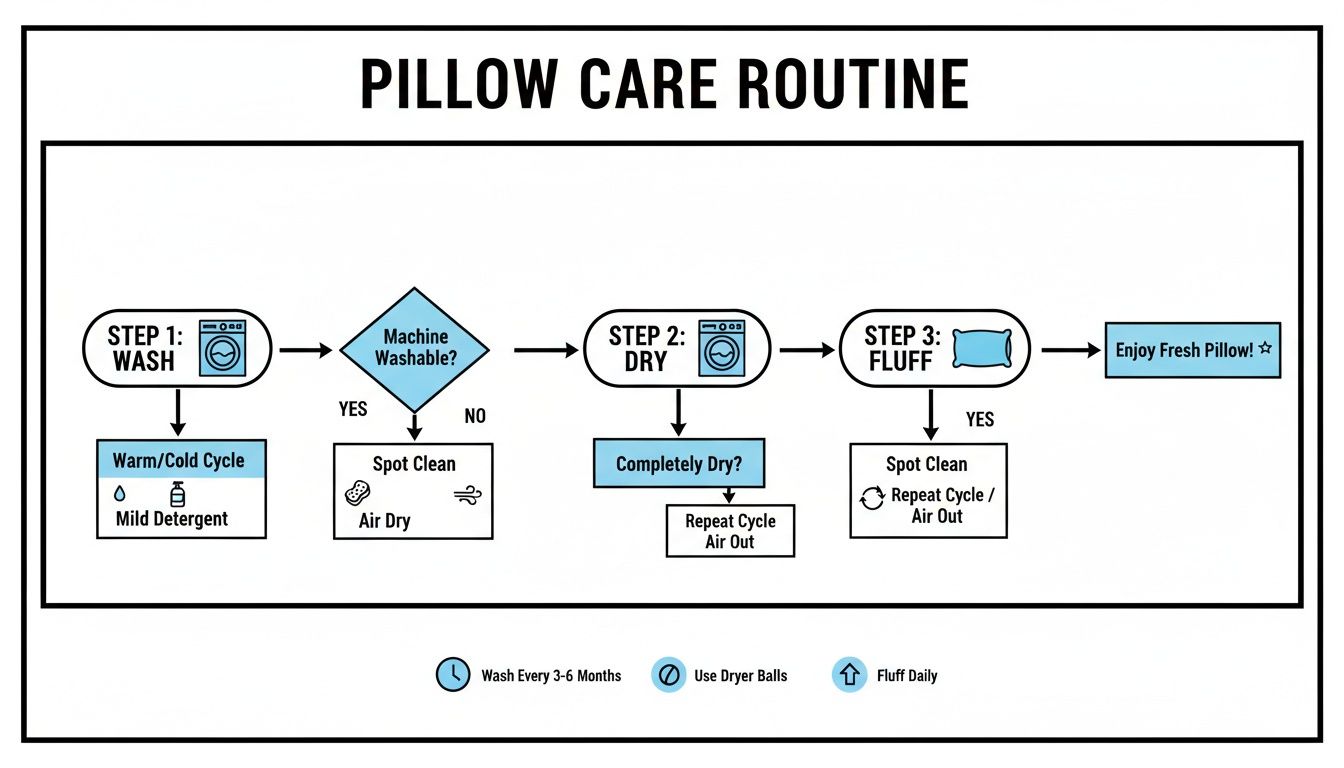 Flowchart detailing a pillow care routine, covering washing, drying, and fluffing steps with useful tips.