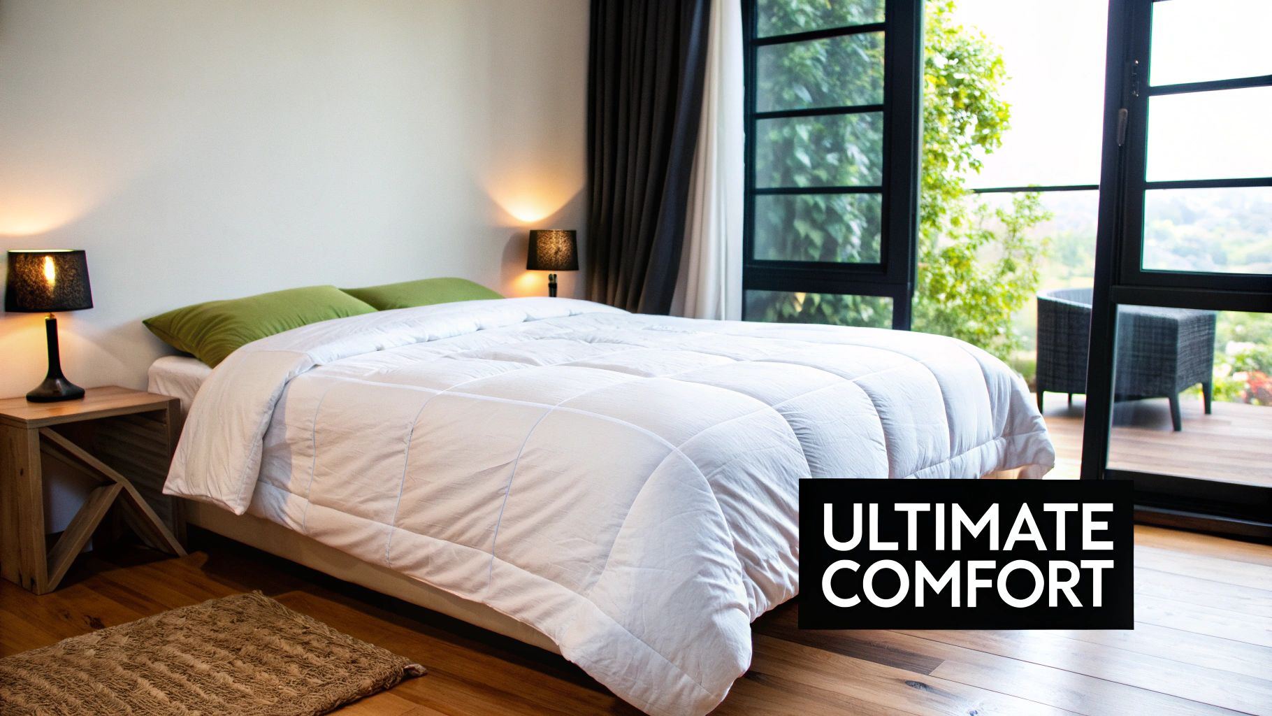 A cozy bedroom featuring a comfortable white comforter, green pillows, bedside lamps, and a lush outdoor view.