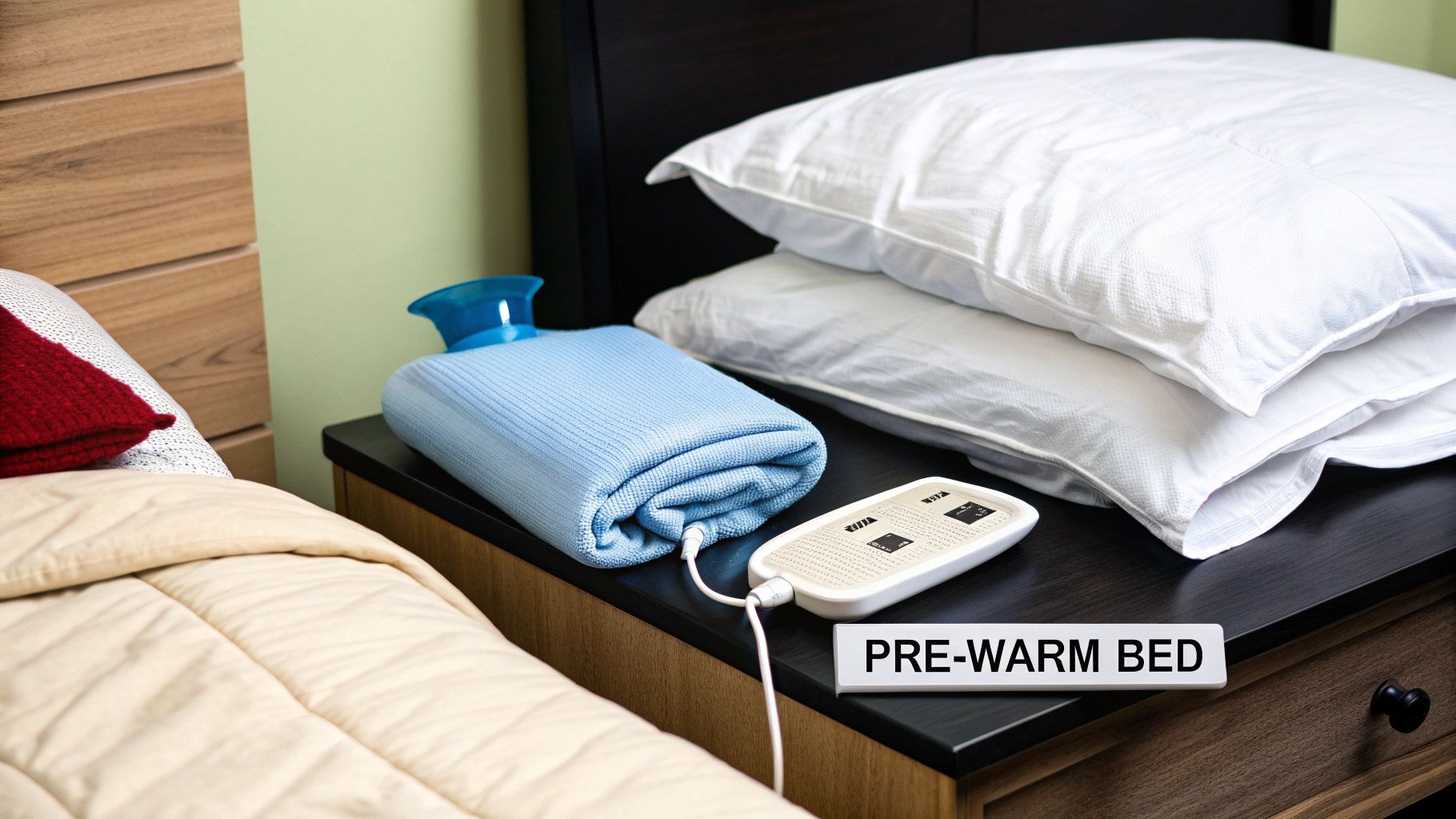 A bedside table with a hot water bottle and control for pre-warming a bed.