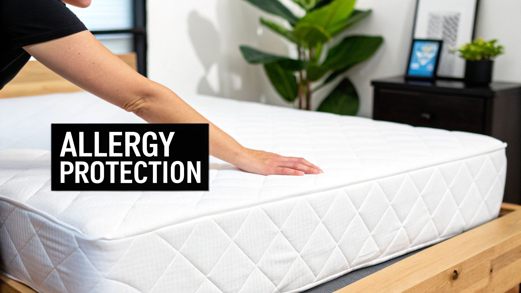 A person's hand rests on a white, quilted mattress protector with a black "ALLERGY PROTECTION" label.