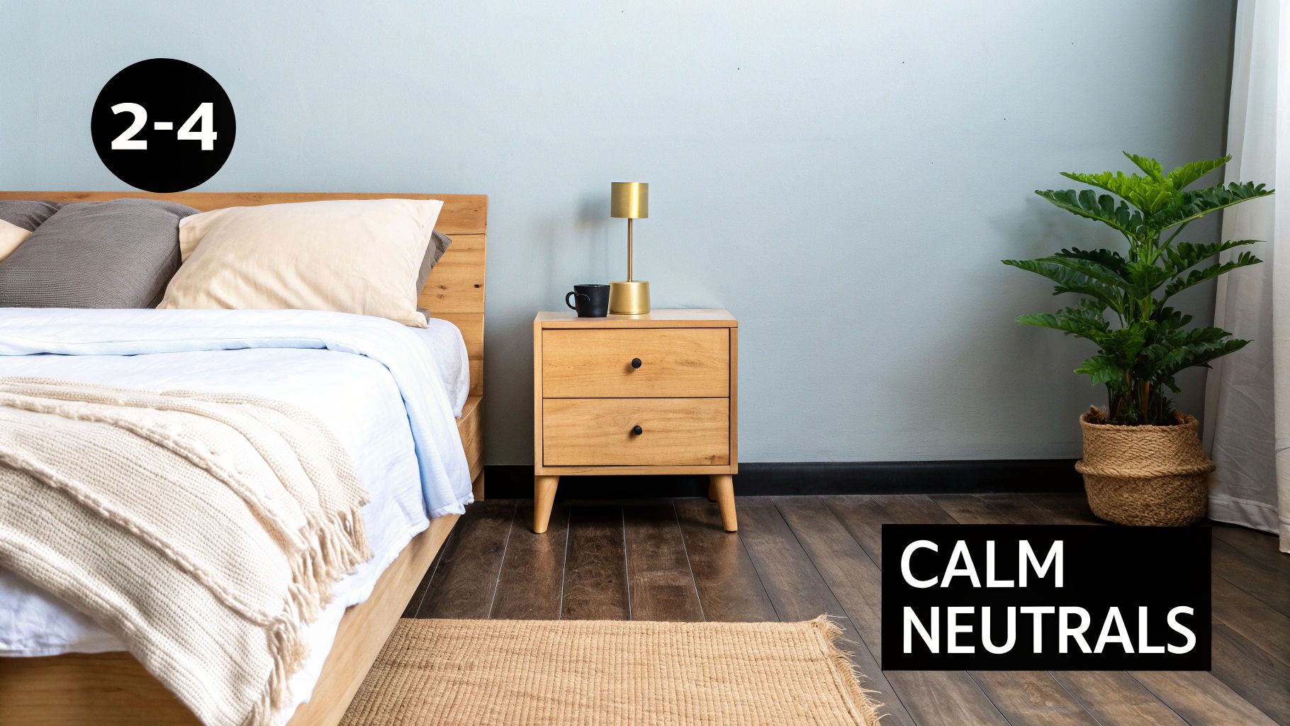 Modern bedroom with wooden bed, nightstand, gold lamp, green plant, and serene neutral decor.