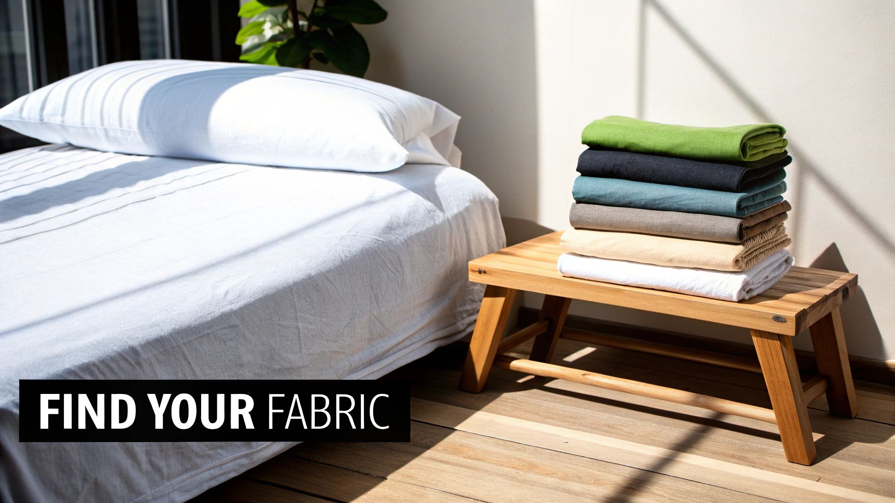 A cozy bedroom scene featuring a bed with white linen sheets and a stack of various fabric swatches on a wooden stool.