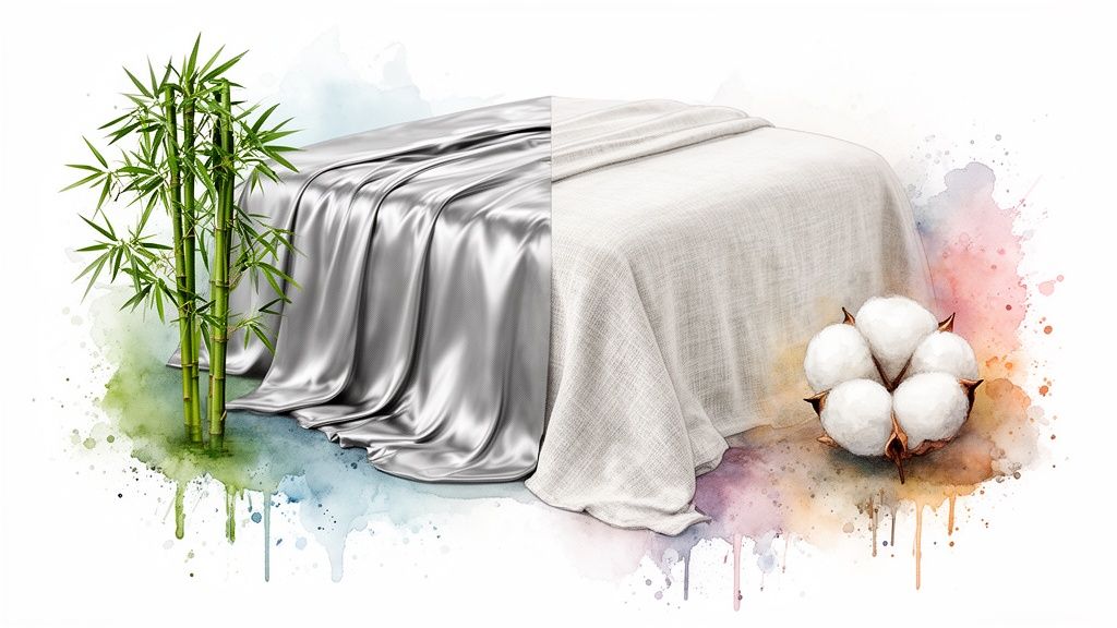Split image showing luxurious bamboo sheets on the left and soft cotton sheets with bolls on the right.