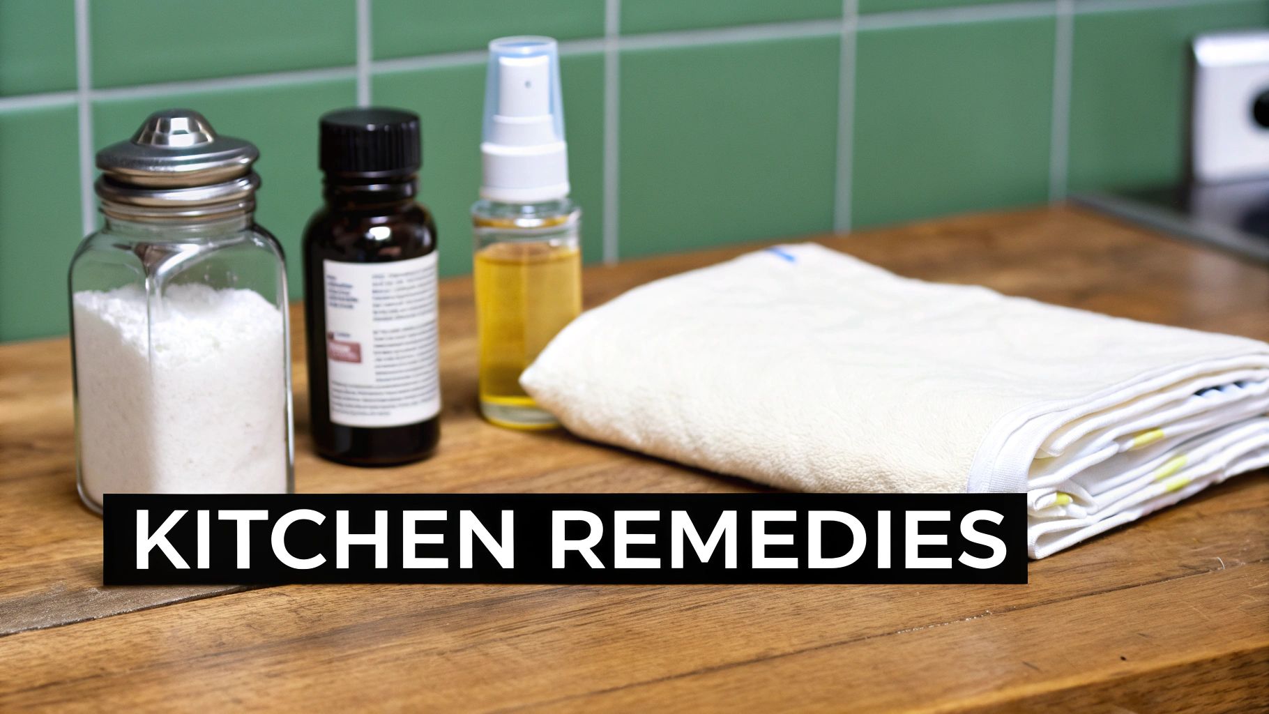 Kitchen countertop with a salt shaker, two bottles, and a folded white cloth, labeled 'Kitchen Remedies'.