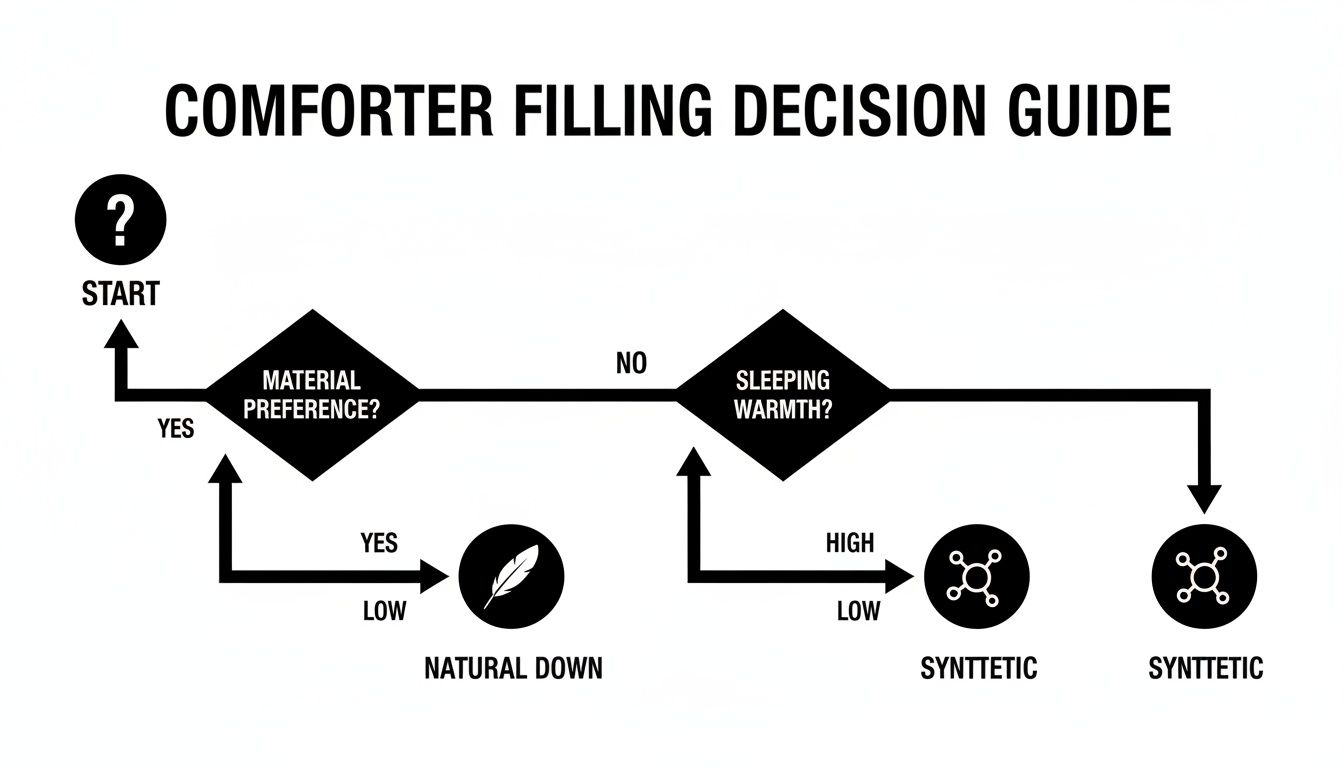 A comforter filling decision guide flowchart illustrating choices between natural down and synthetic based on material preference and sleeping warmth.
