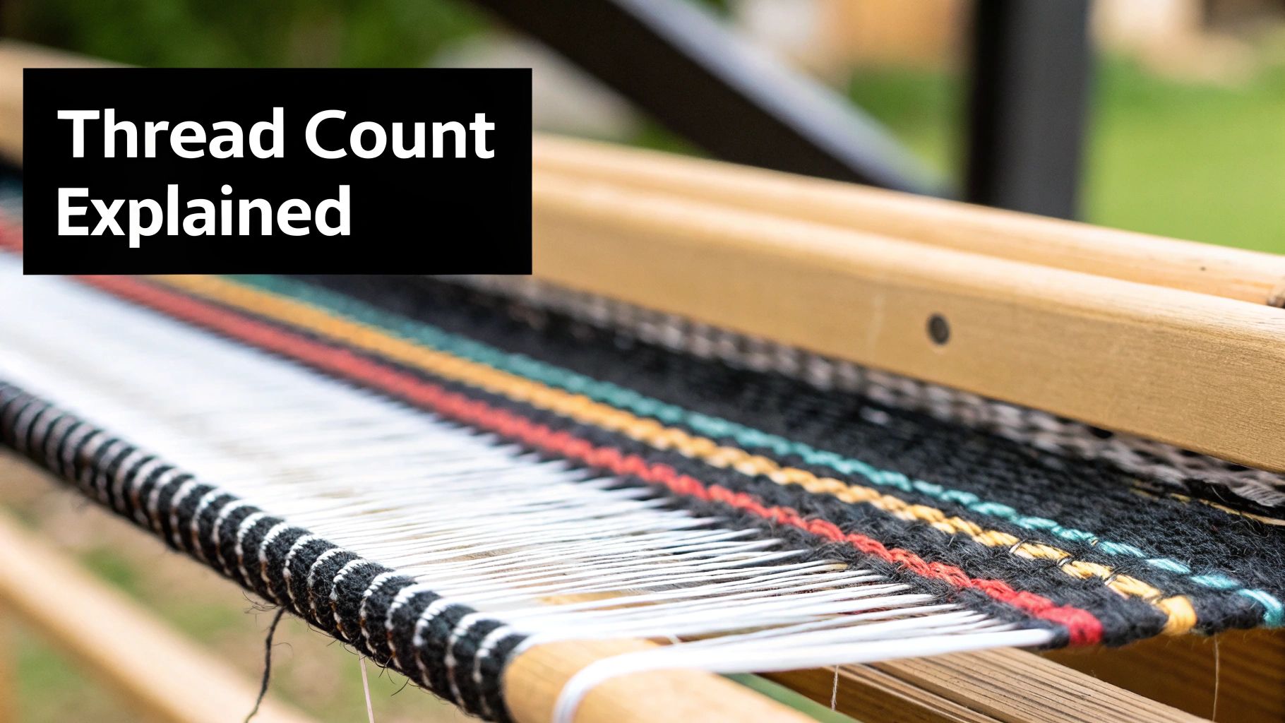 Close-up of a loom with white and colorful threads being woven, explaining thread count.