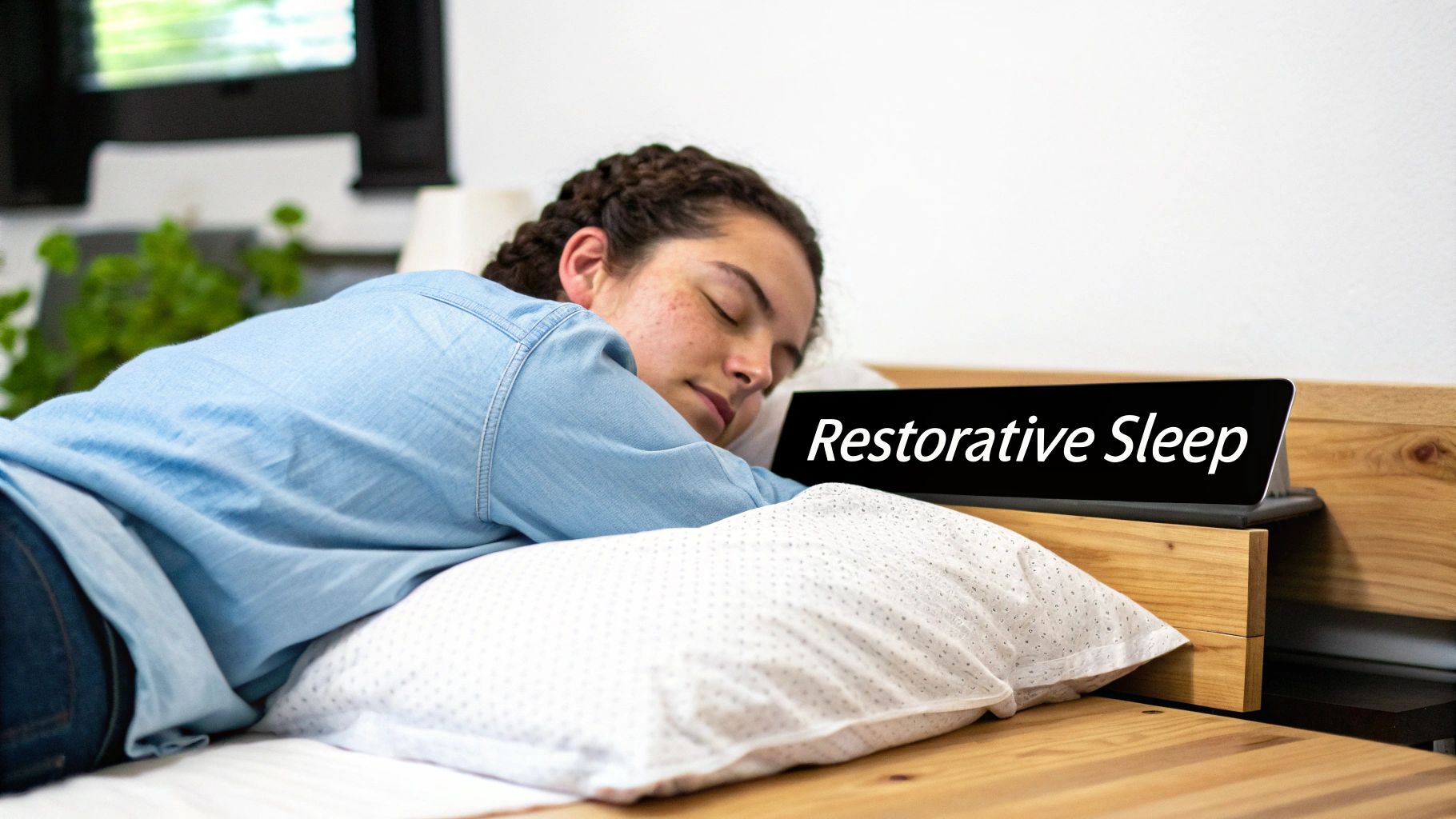 Young woman sleeping peacefully on her stomach on a pillow, with 'Restorative Sleep' on a tablet.