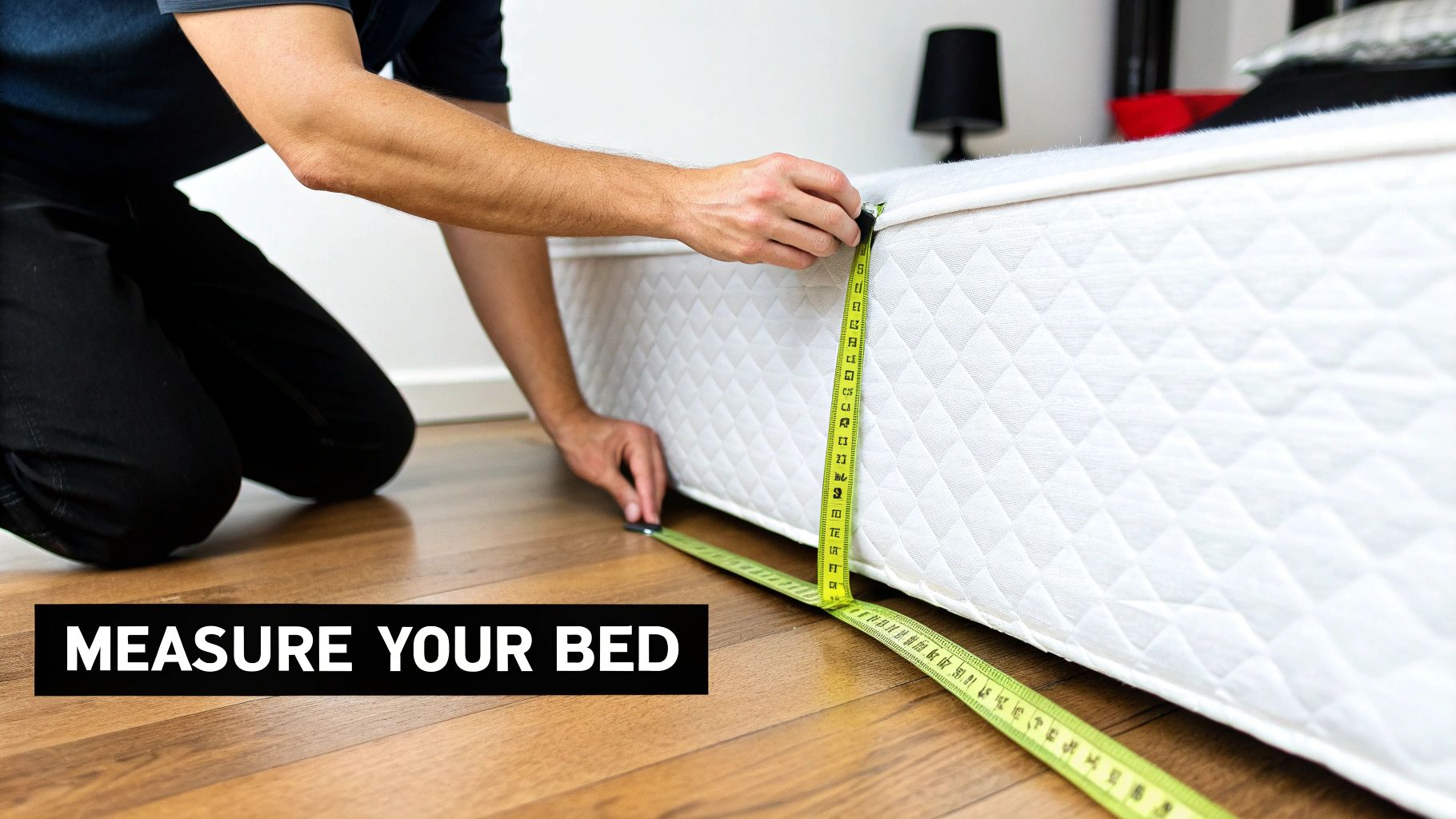 A person measuring the depth of a mattress with a tape measure.