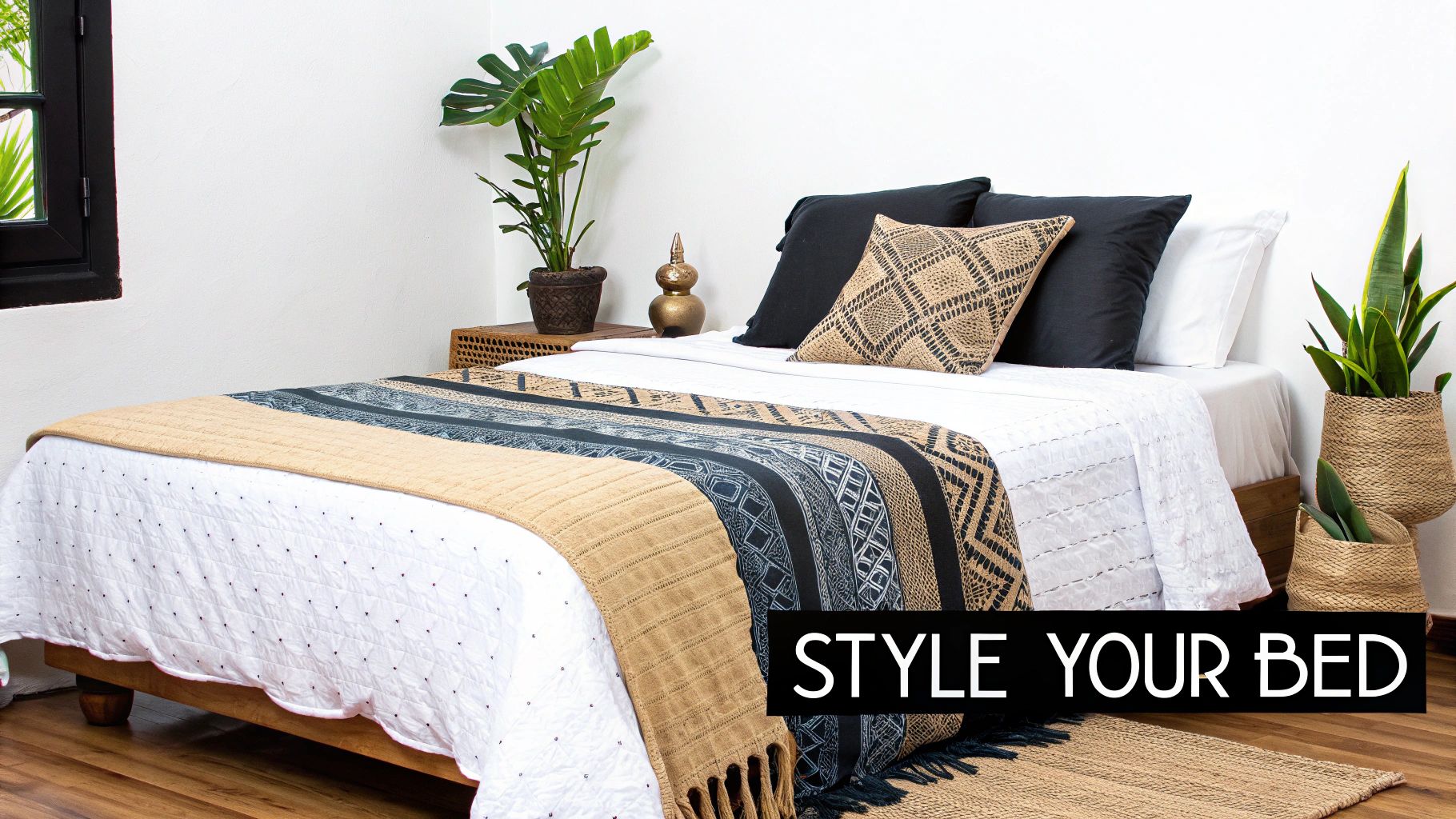 A beautifully styled bed featuring a layered comforter set, pillows, and a throw blanket.