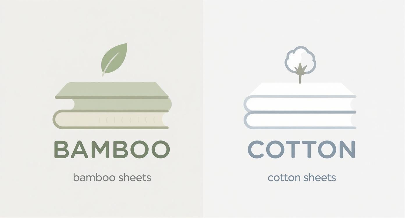 Comparison illustration showing bamboo sheets with leaf icon versus cotton sheets with cotton plant icon