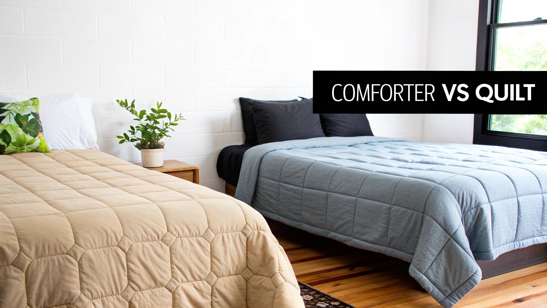 Two beds, one with a beige quilt and another with a blue quilt, illustrating comforter vs quilt.
