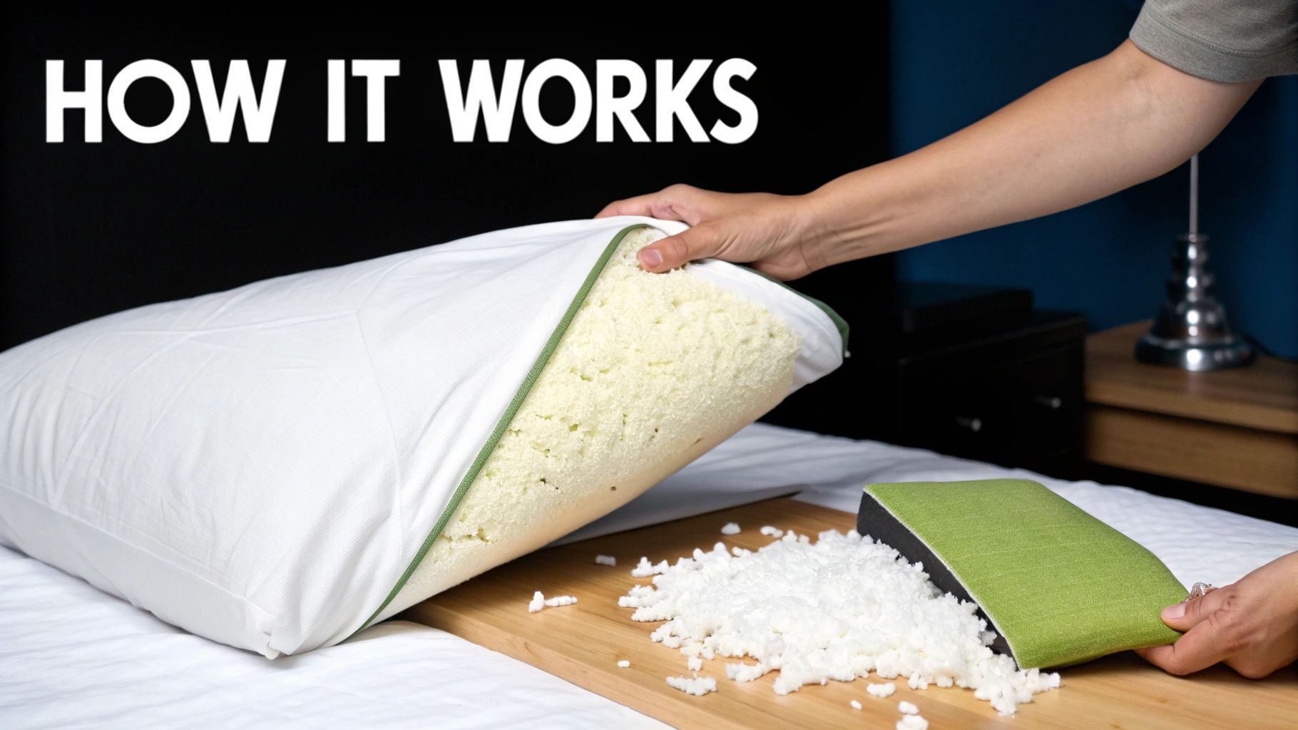 A close-up view showing the texture of a bamboo pillow cover and the shredded memory foam inside.