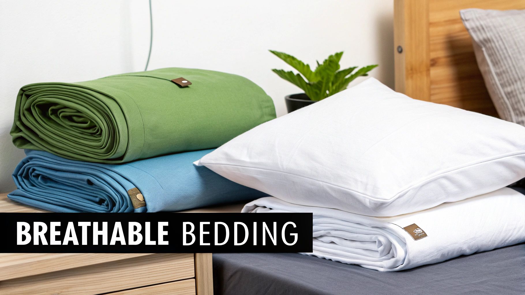 A neatly folded stack of light-coloured, breathable bed sheets and a pillow on a bed.