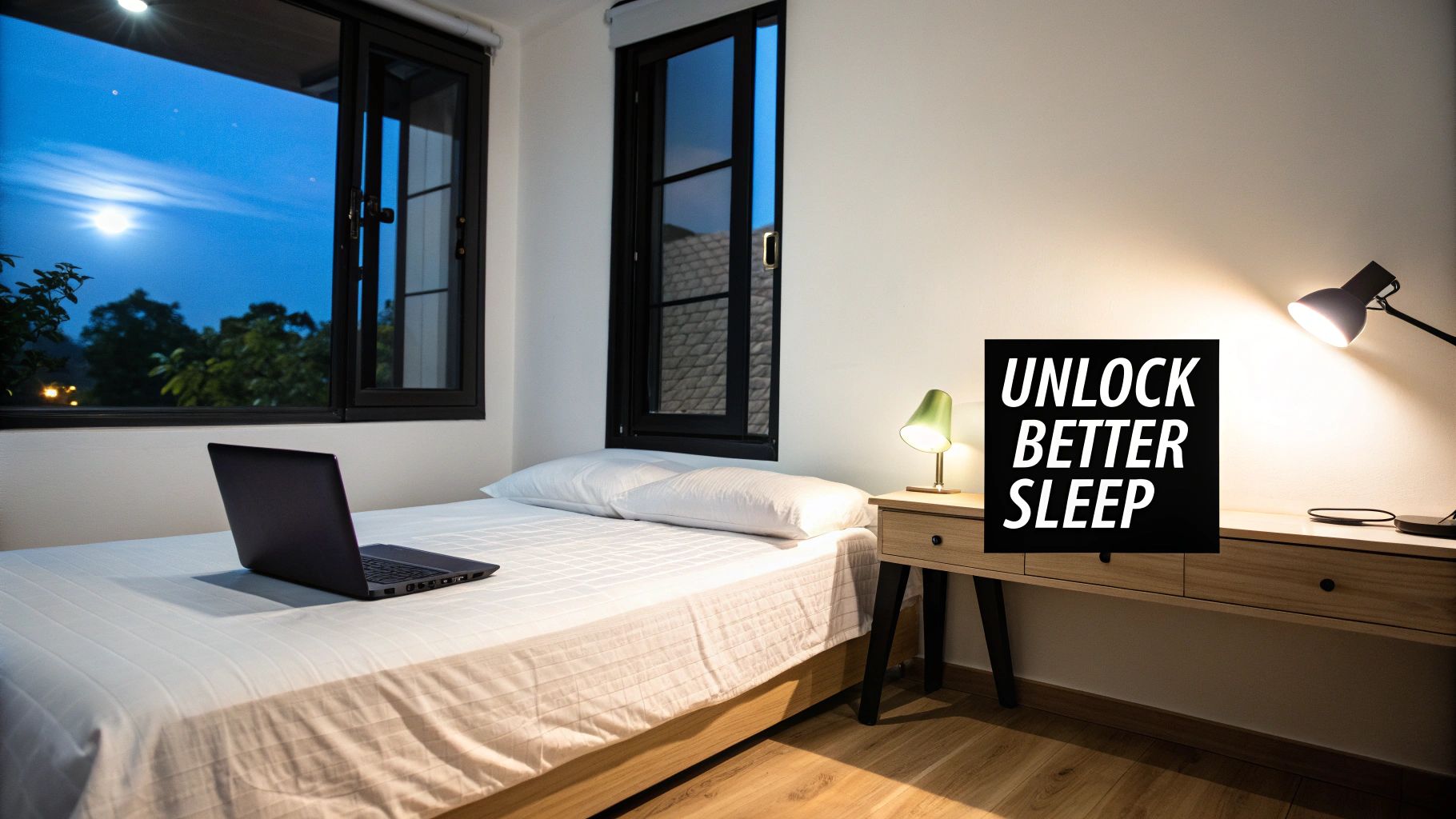 A cozy bedroom at night with a laptop on the bed, moonlit windows, and a 'UNLOCK BETTER SLEEP' sign.
