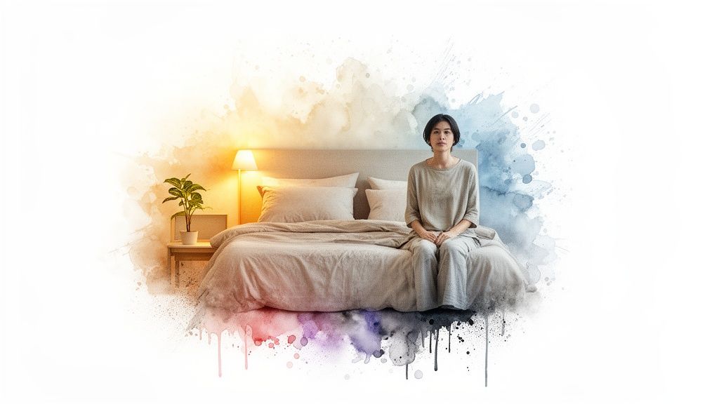 A woman sits quietly on a bed within an artistic watercolor depiction of a serene bedroom.