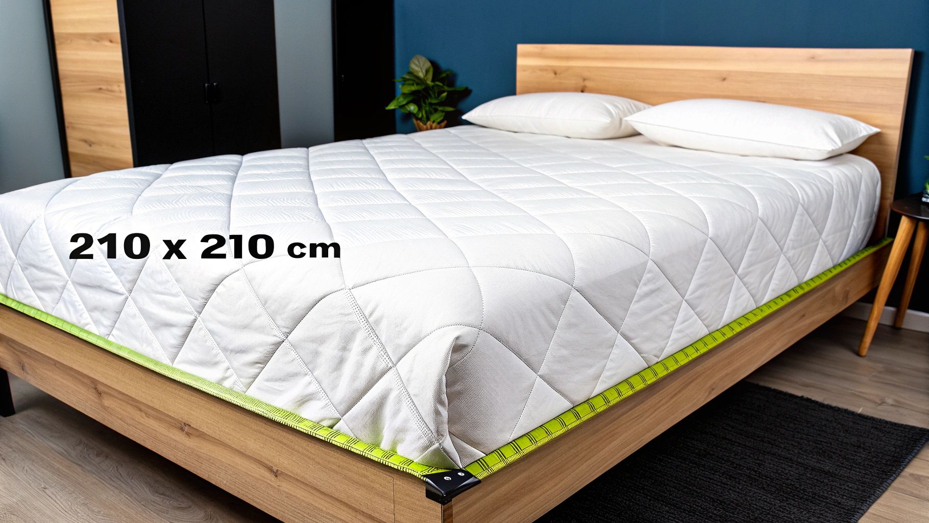 A wooden bed with a white quilted mattress pad and pillows, highlighting 210x210 cm dimensions.