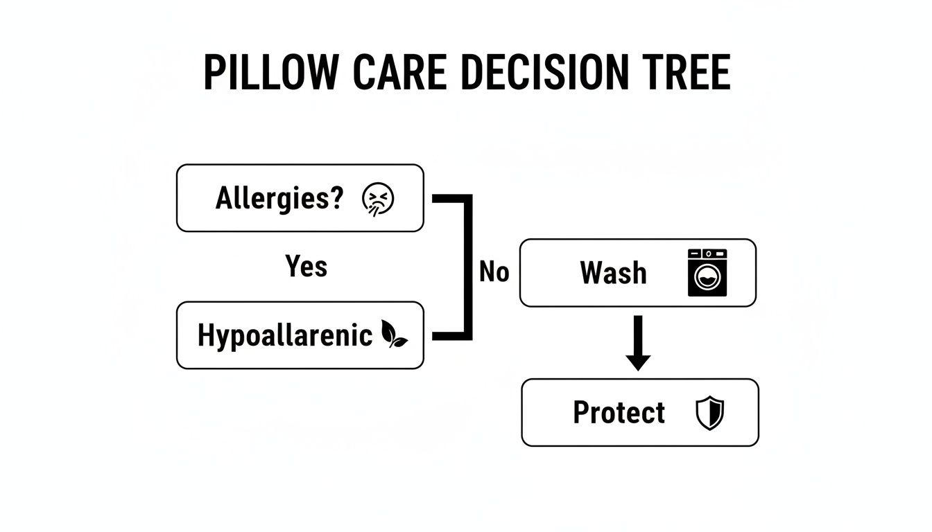 A decision tree illustrating pillow care based on allergies, guiding towards hypoallergenic options or washing and protecting.