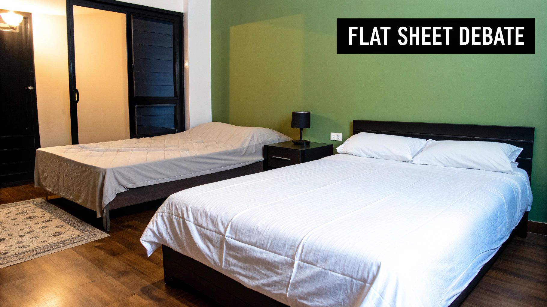 A neatly made bed showcasing a folded-down flat sheet in a stylish bedroom