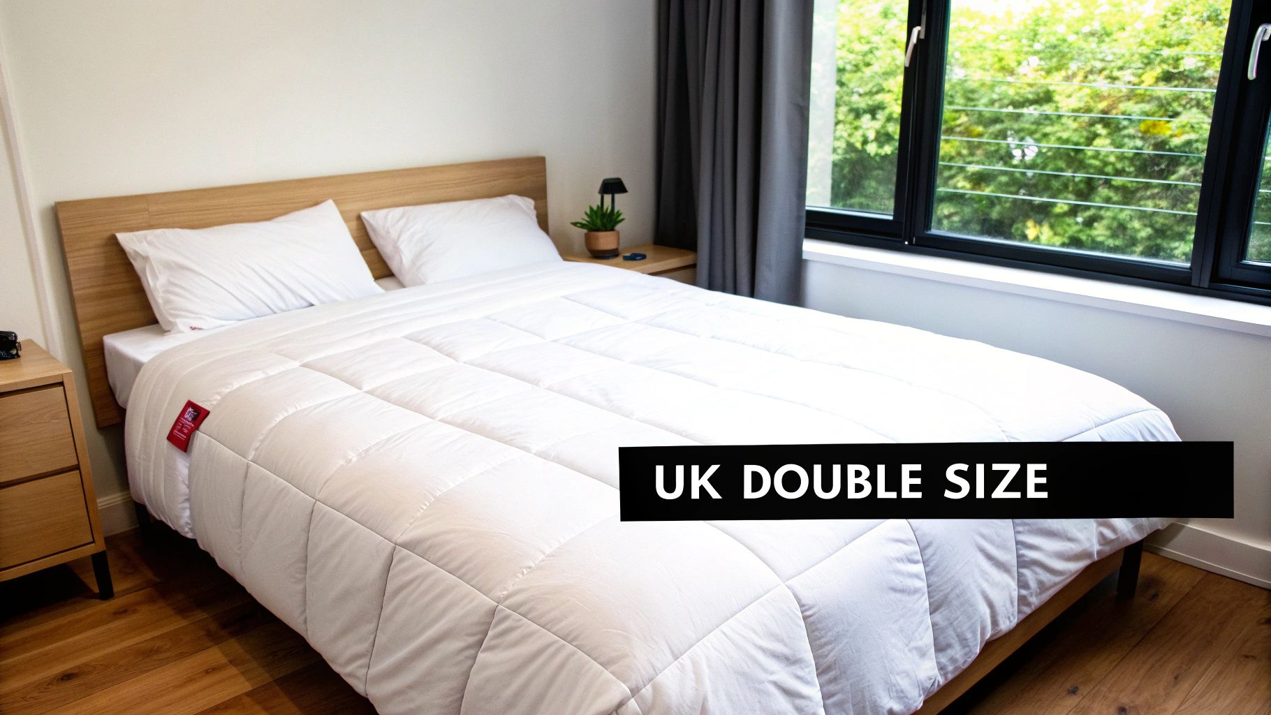 A neatly made bed with a plush double duvet, showcasing a comfortable and inviting bedroom.