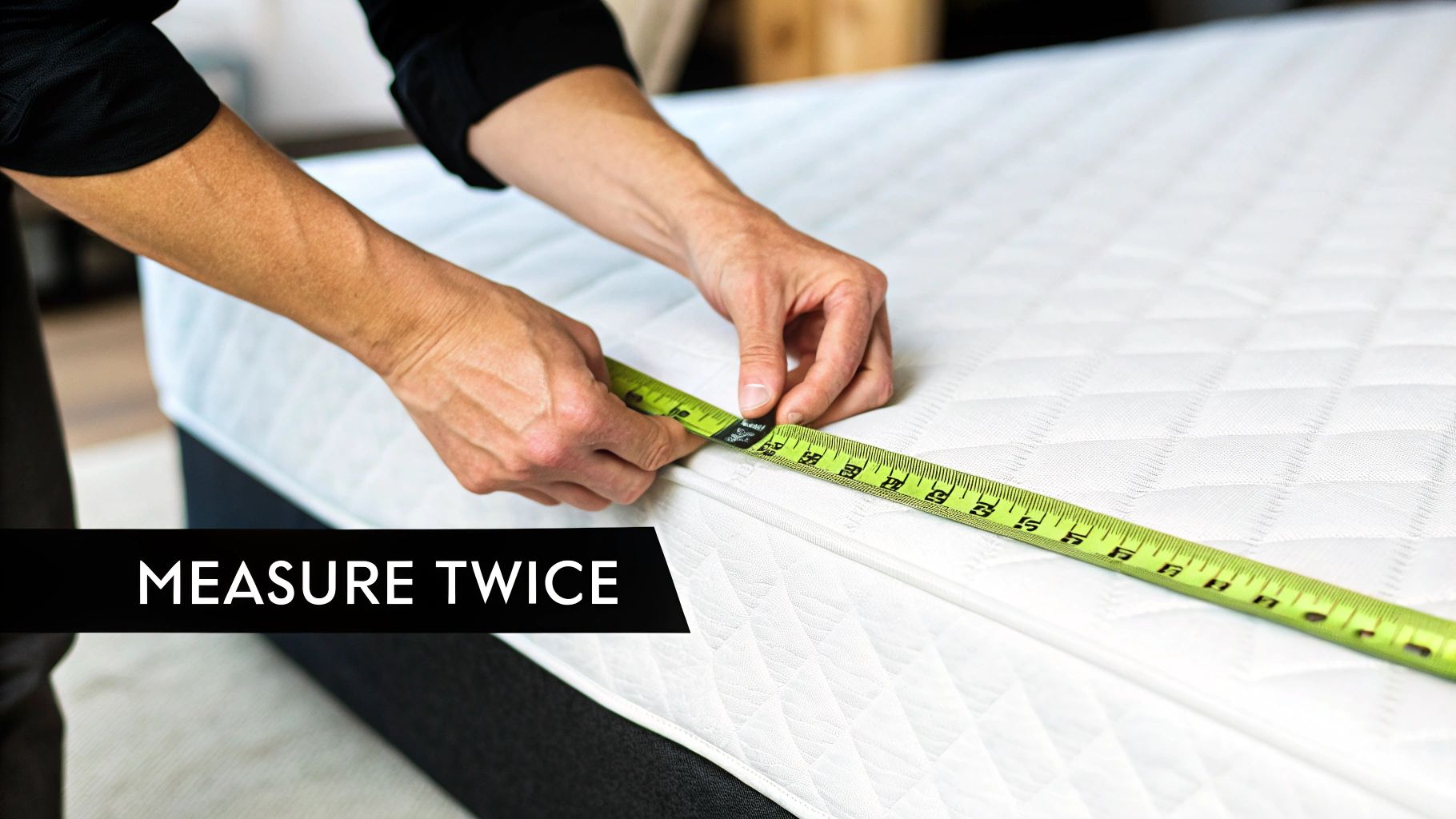 A person using a measuring tape to measure the depth of a mattress.