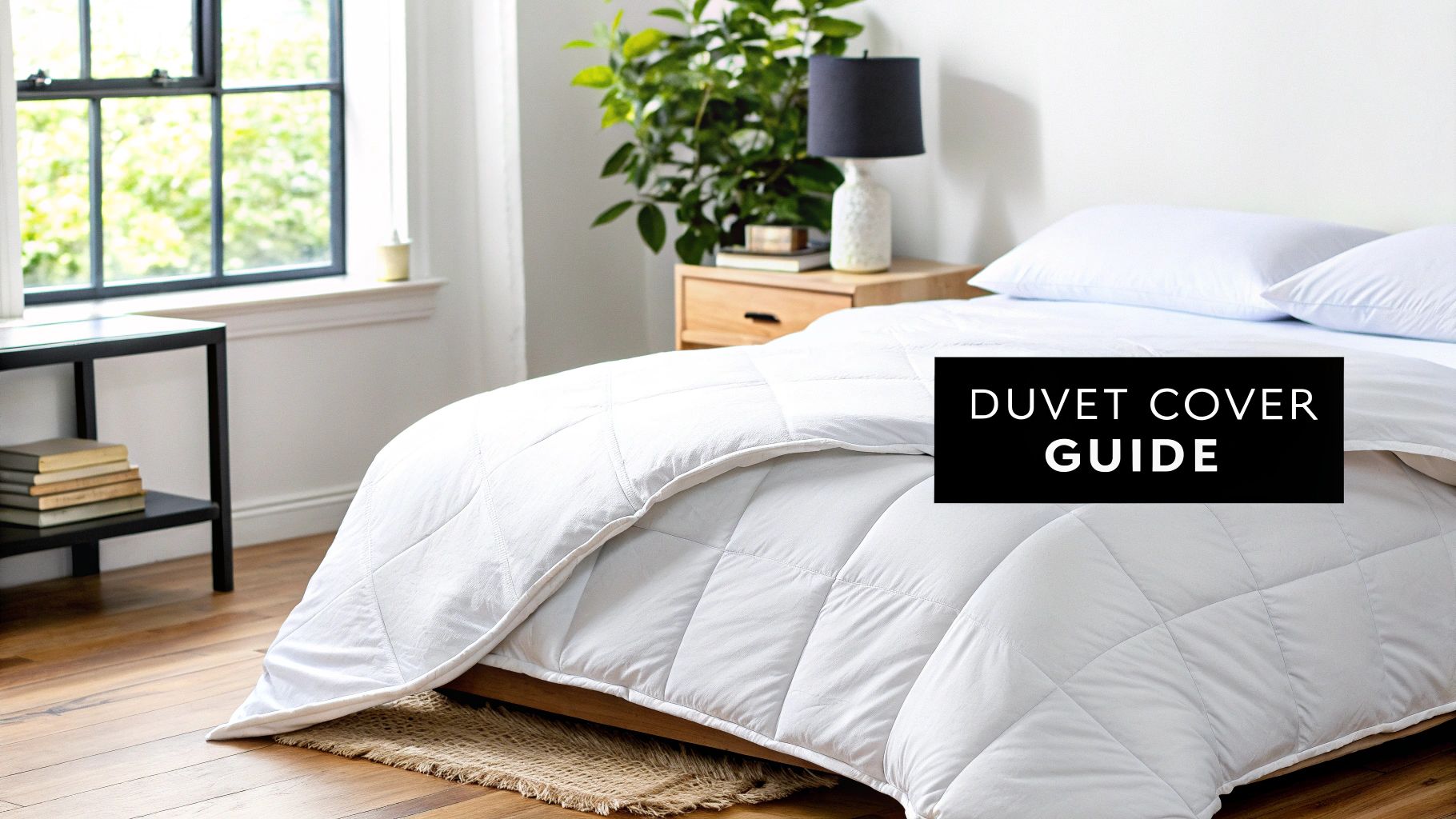 A bright bedroom scene with a white bed, pillows, duvet, and a 'Duvet Cover Guide' overlay.