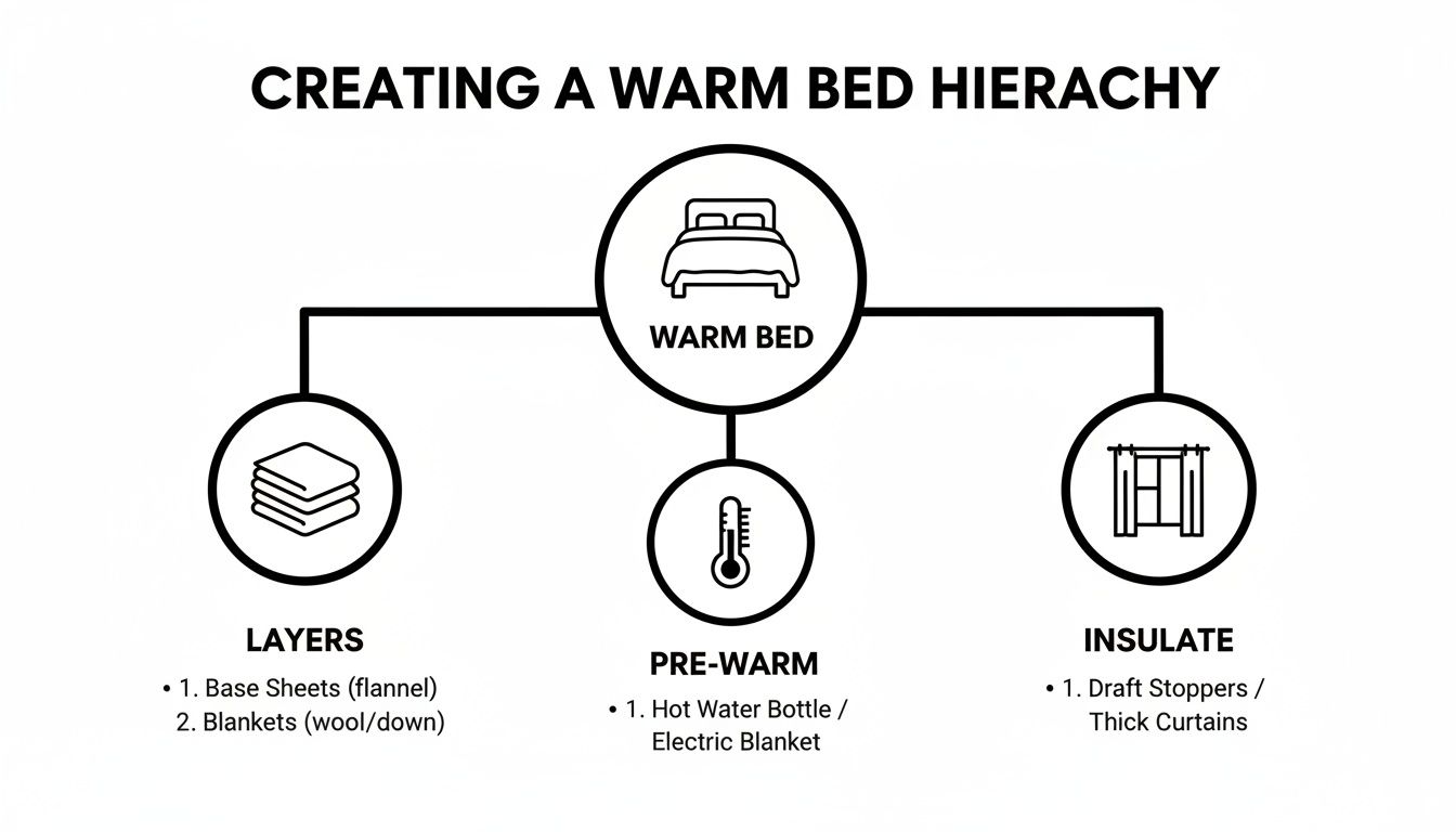 A diagram explaining how to create a warm bed hierarchy using layers, pre-warming, and insulation.