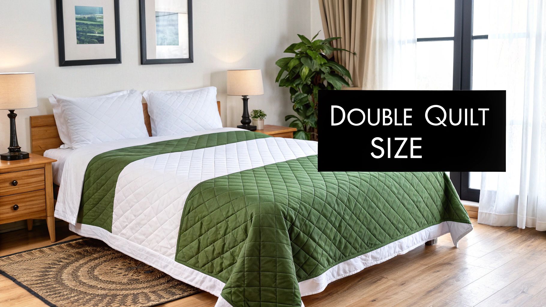A neatly made double bed featuring a stylish quilt cover in a well-lit bedroom.
