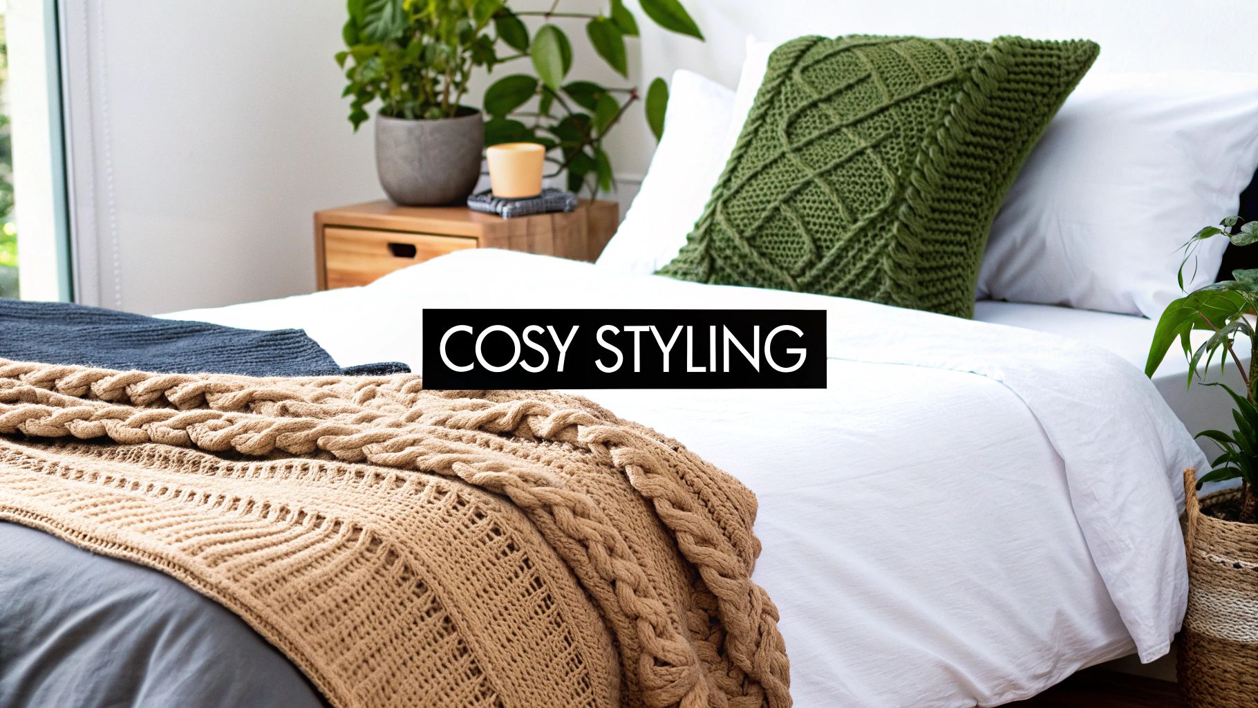 A stylish and cozy bedroom featuring a bed with white bedding, a green knit pillow, and a chunky brown blanket.