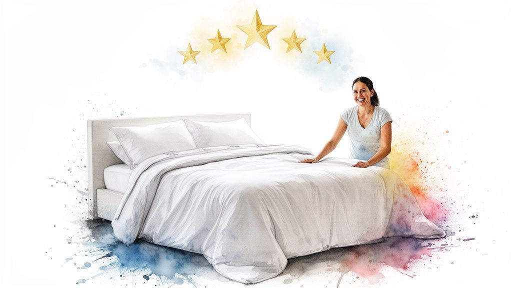 Happy woman making a pristine white bed, five golden stars arc above, watercolor style.