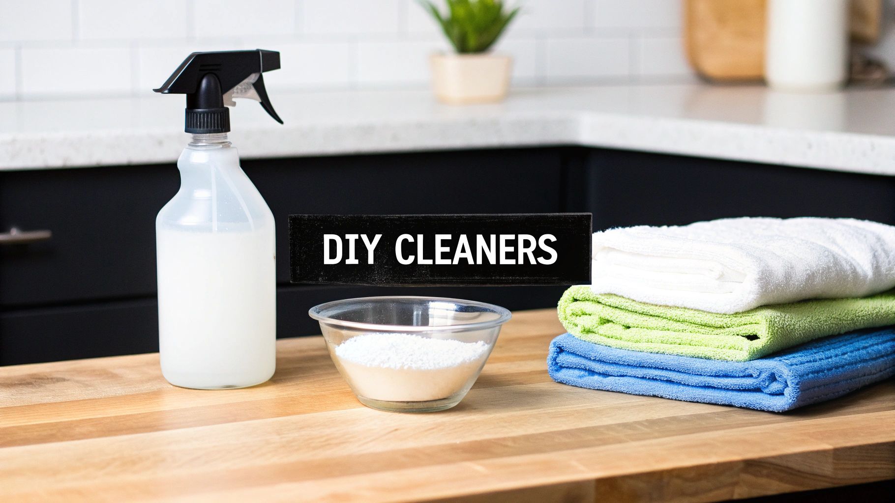 Homemade cleaning supplies on a kitchen counter: spray bottle, powder, and colorful towels with a 'DIY CLEANERS' sign.