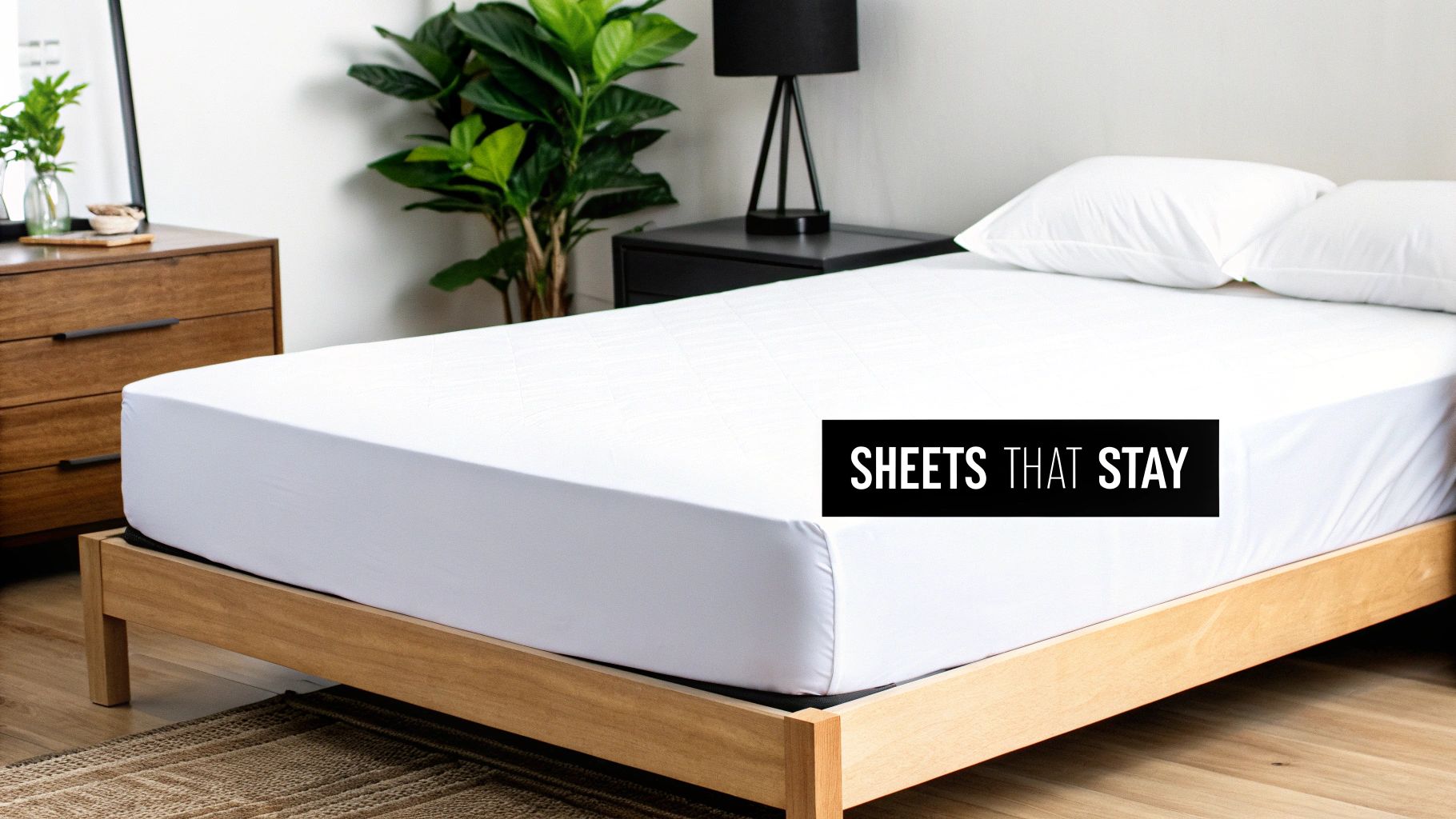 A clean bed with white fitted sheets on a light wooden frame in a minimalist bedroom.