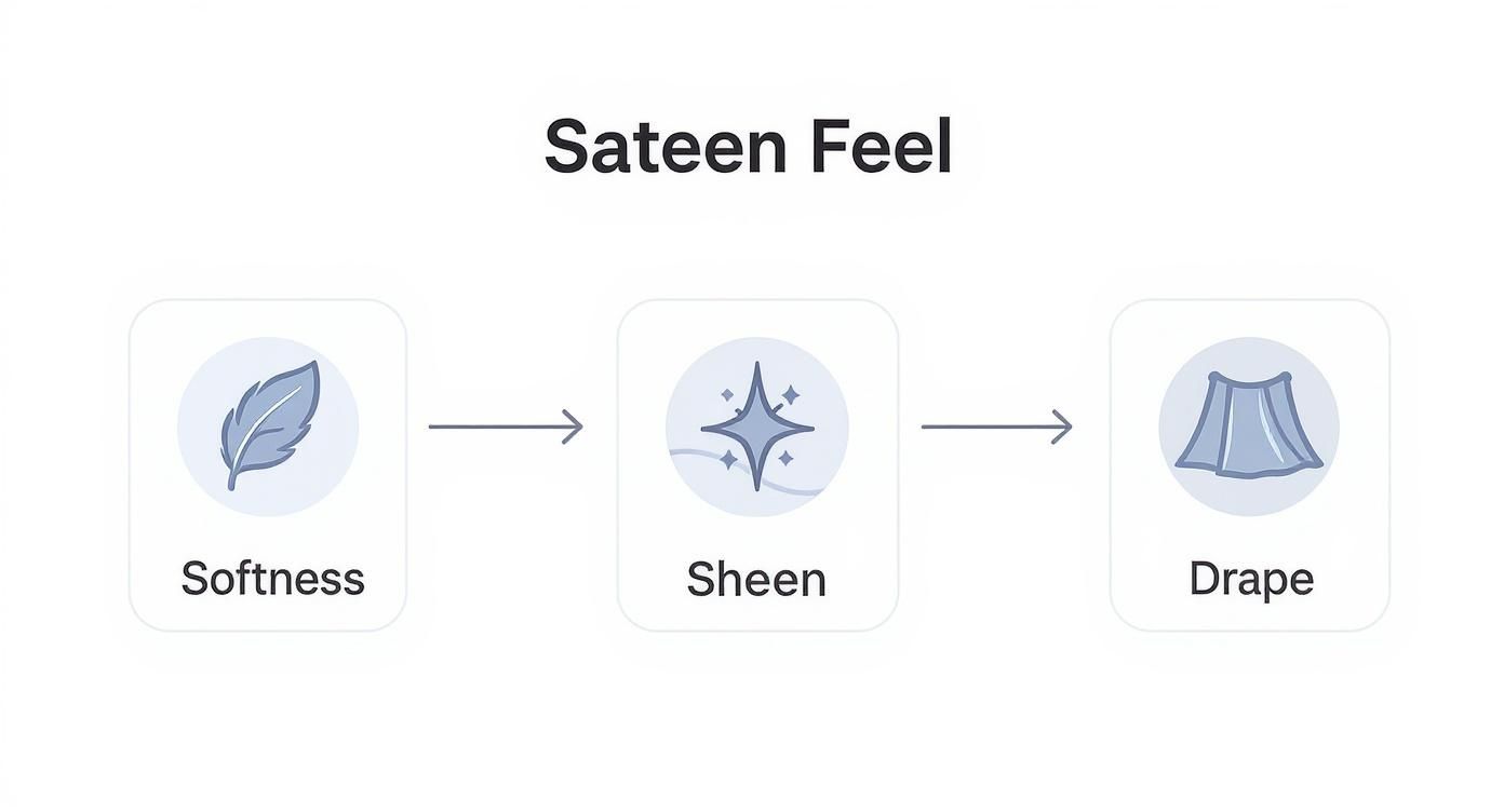 A diagram titled 'Sateen Feel' illustrating the characteristics: softness, sheen, and drape.