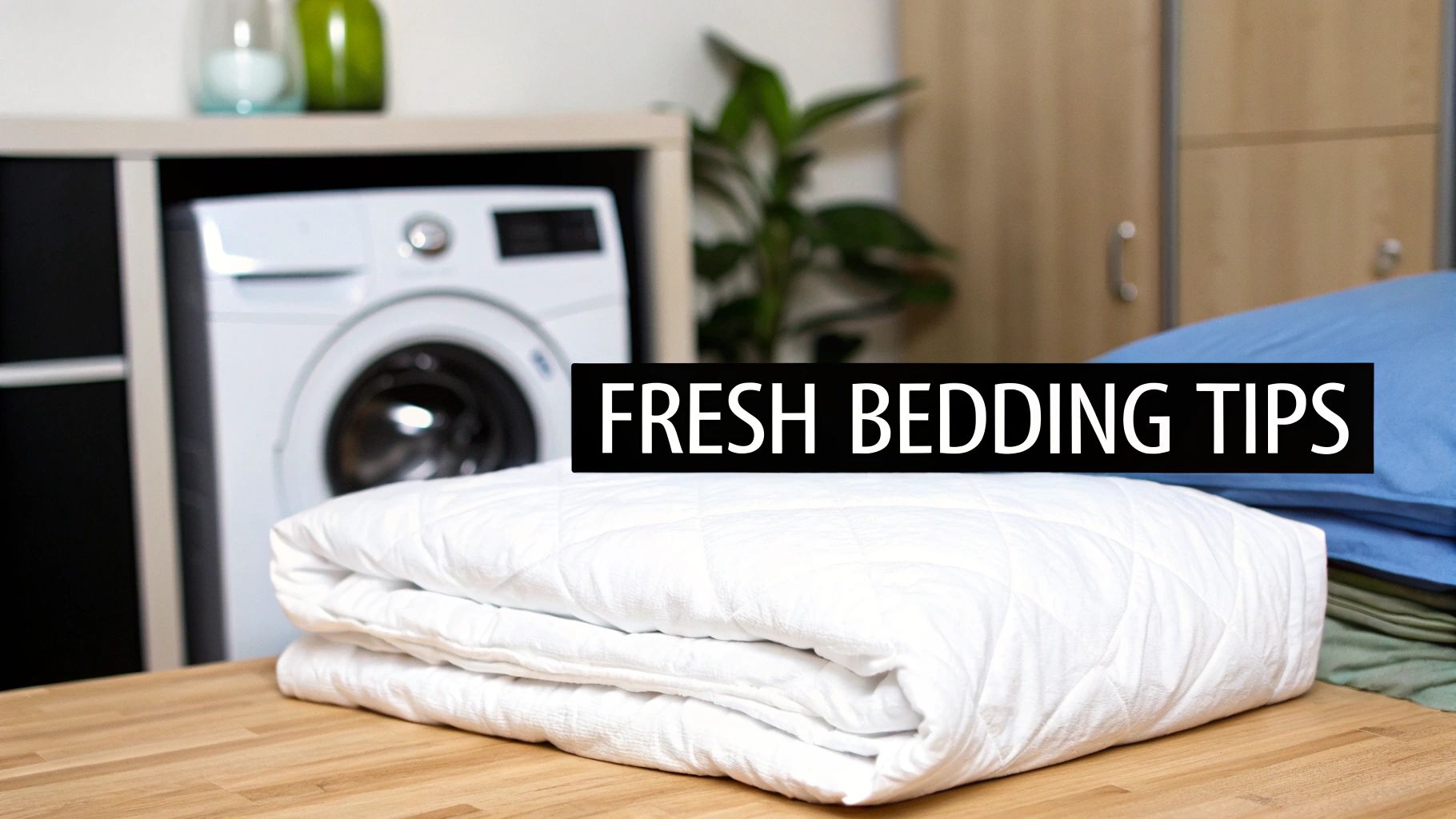 Folded white bedding on a wooden table, with a washing machine and "FRESH BEDDING TIPS".