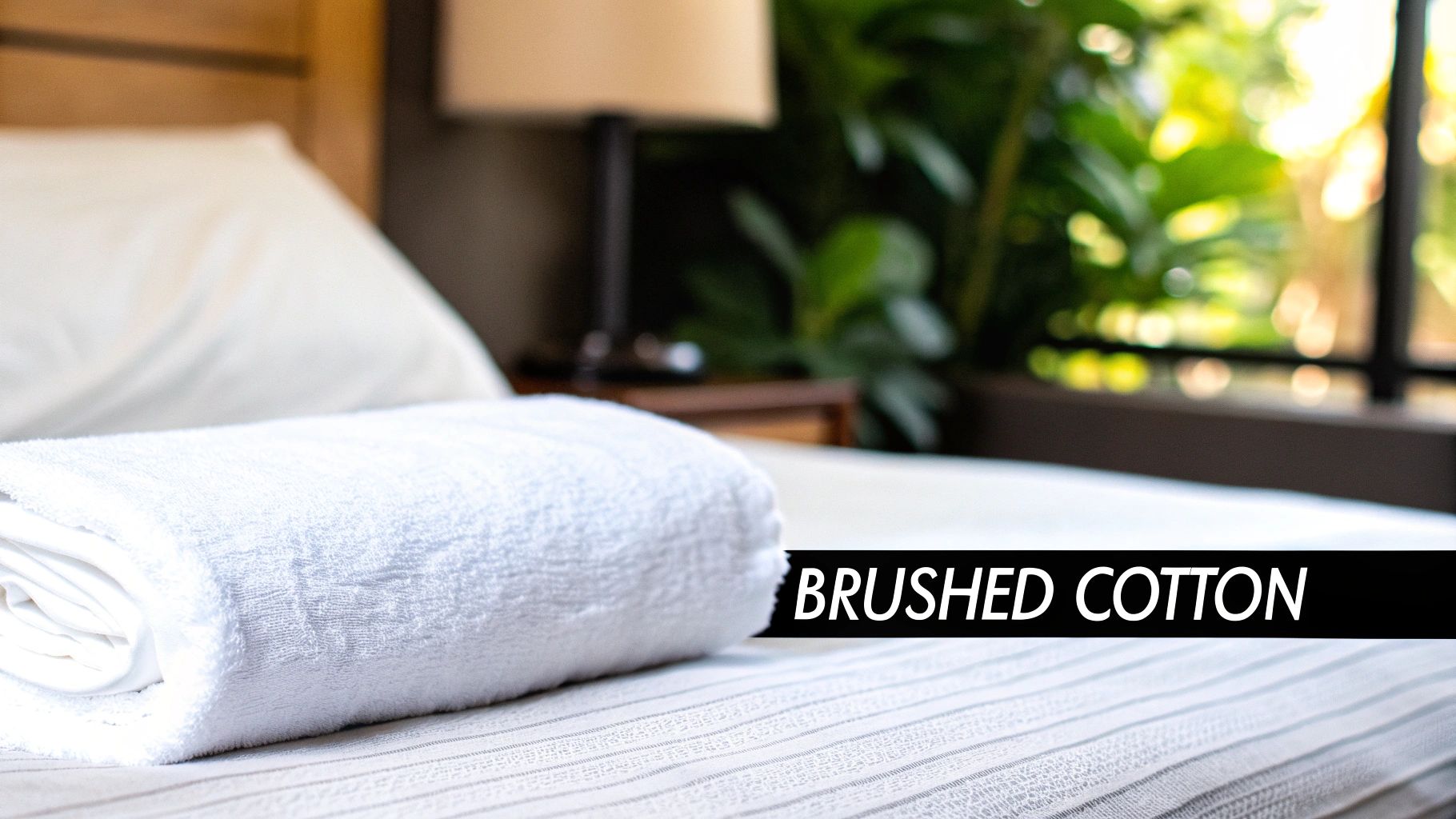 A rolled white towel or sheet and pillow on a striped bedspread, with a lamp and greenery outside.