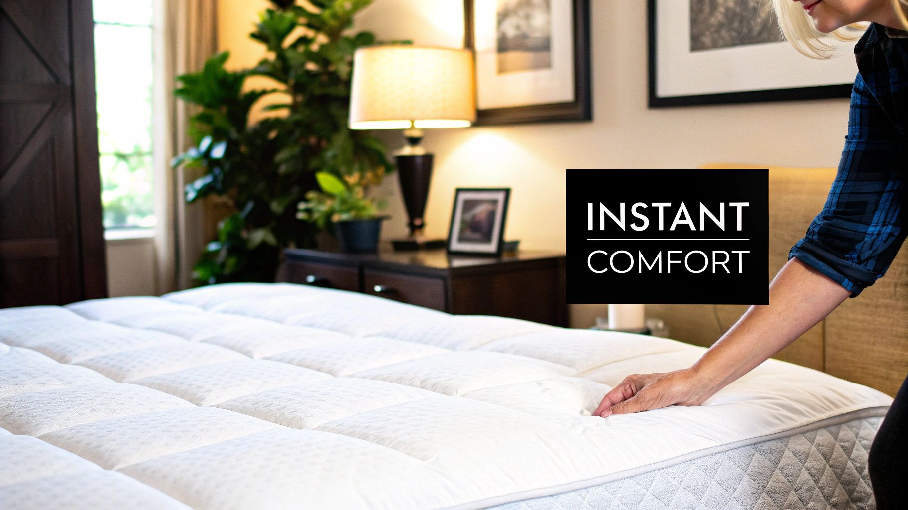 A person's hand pressing into a plush white mattress topper on a bed.