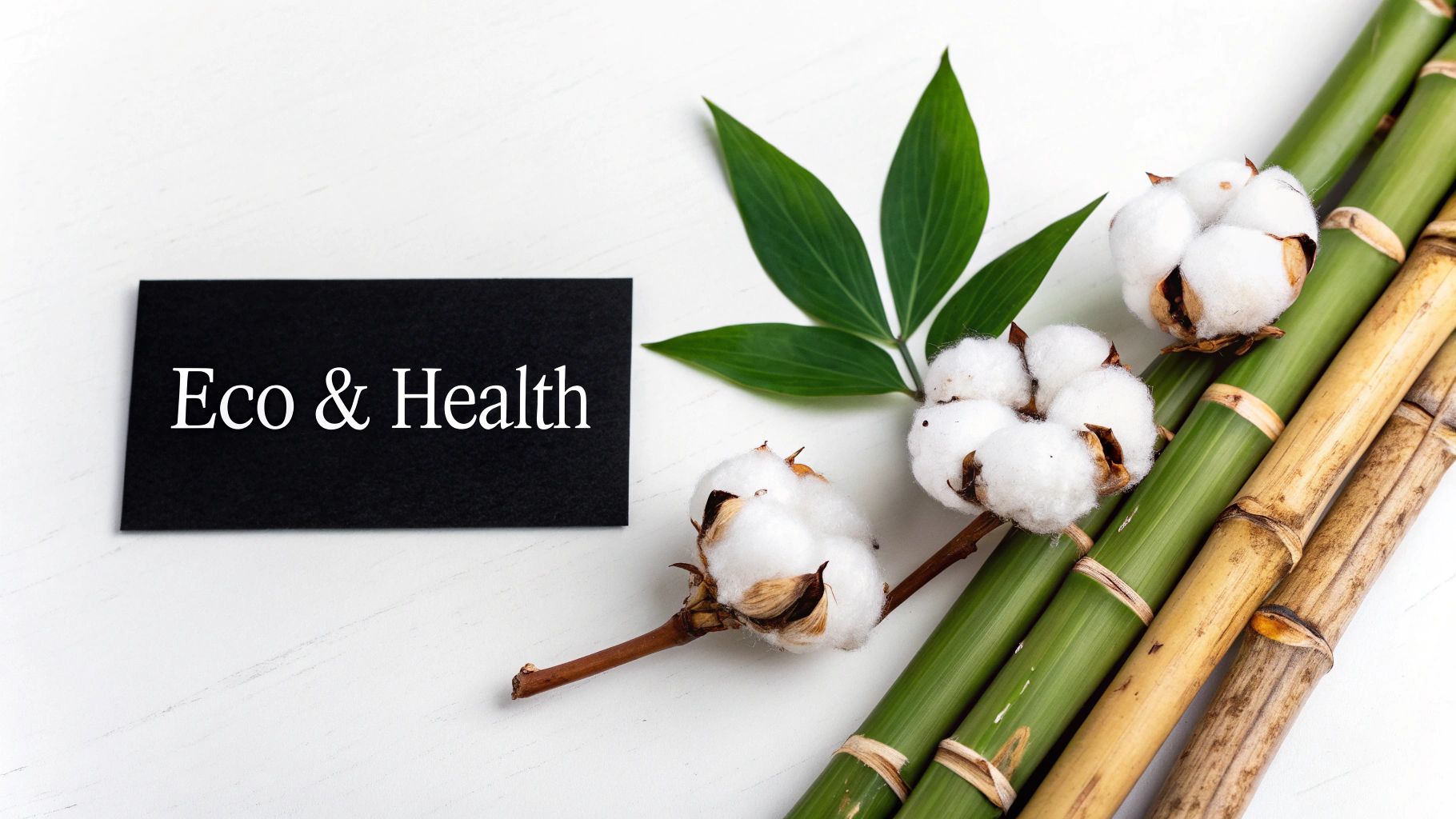 A black card with 'Eco & Health' next to cotton bolls, green leaves, and bamboo stalks.