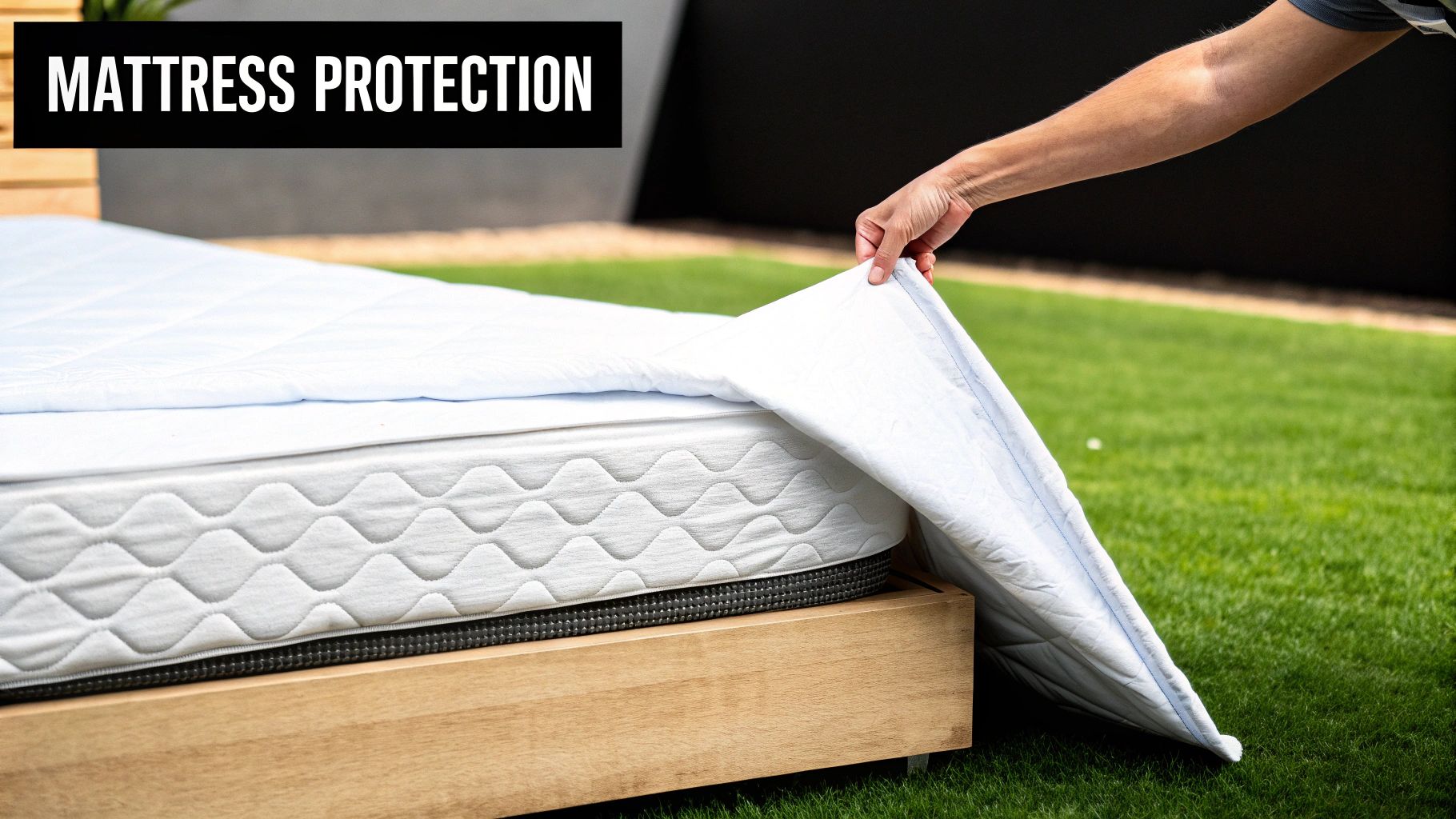 A hand lifts a white mattress protector from a mattress on a wooden bed frame outdoors on grass.