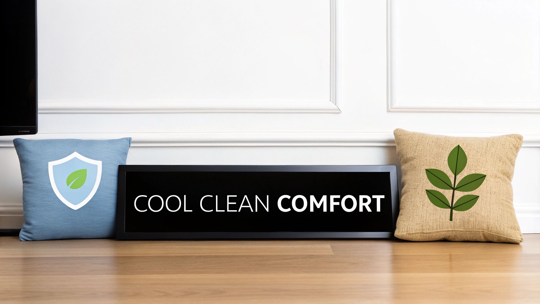 Two decorative pillows with leaf designs and a sign promoting 'COOL CLEAN COMFORT' on a wooden floor.