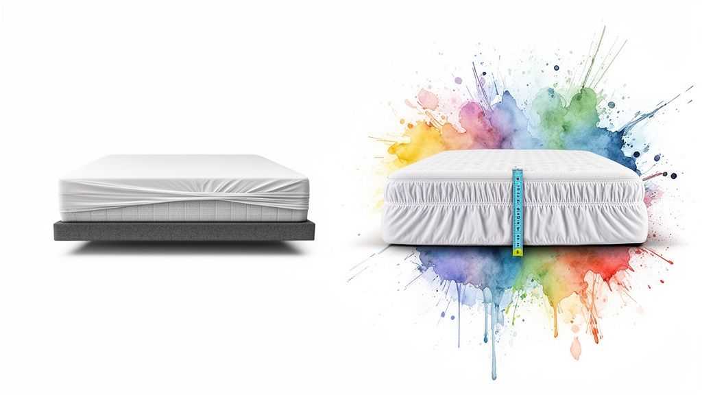 White fitted sheets on mattresses, highlighting different styles and deep pocket depth with ruler.