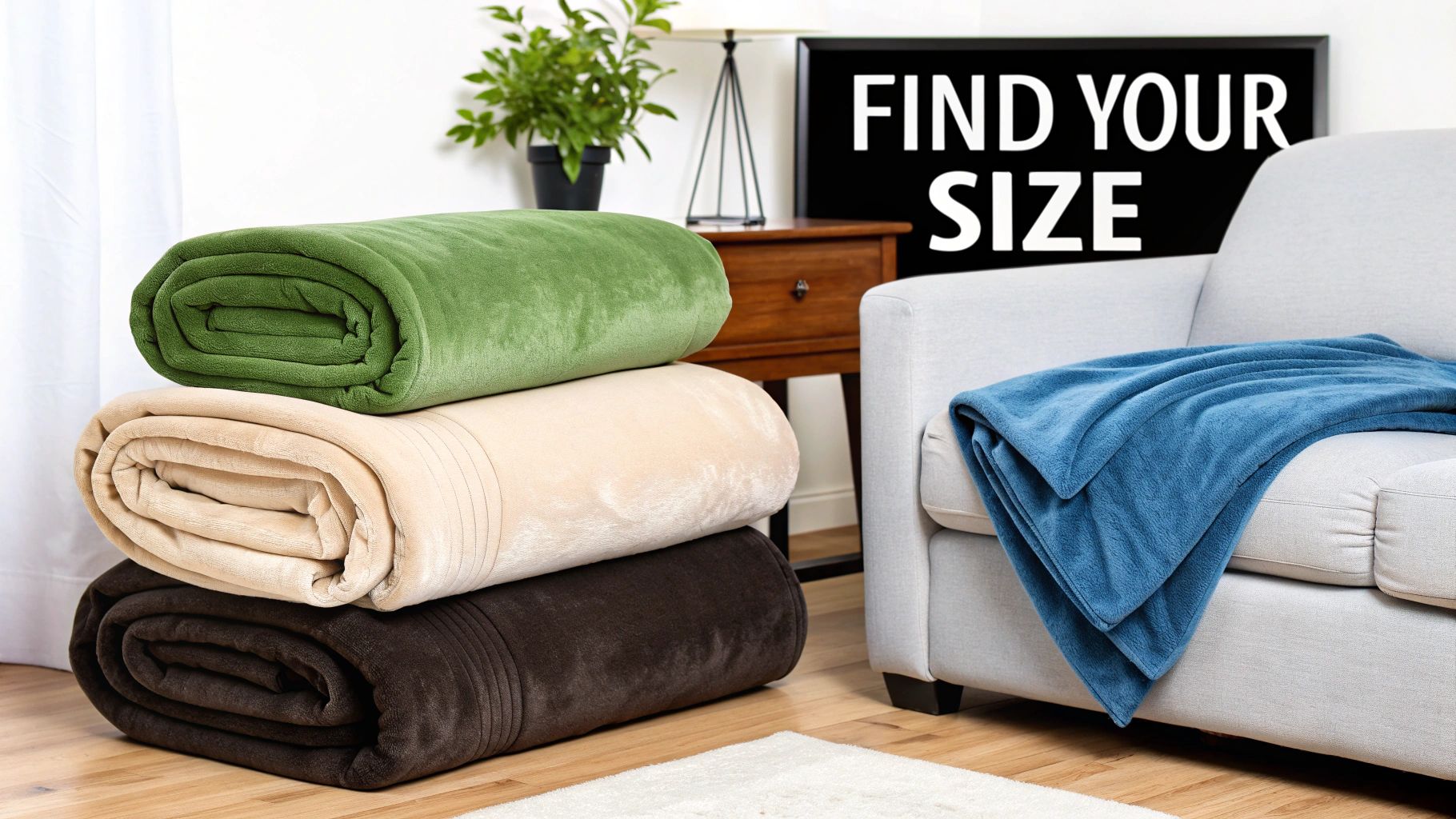 Three rolled polar fleece blankets in green, beige, and brown stacked next to a sofa with a blue blanket.