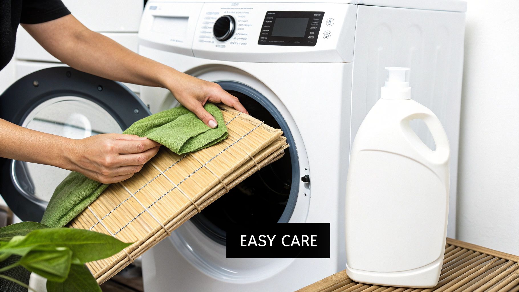 A person puts bamboo mats and a green towel into a washing machine for easy care.