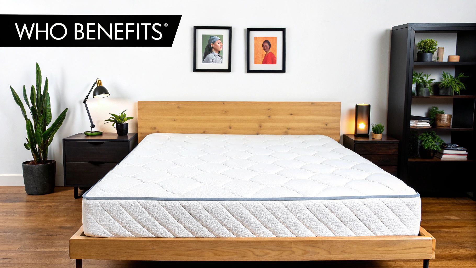 A modern bedroom with a white mattress on a wooden bed frame, flanked by nightstands and plants.
