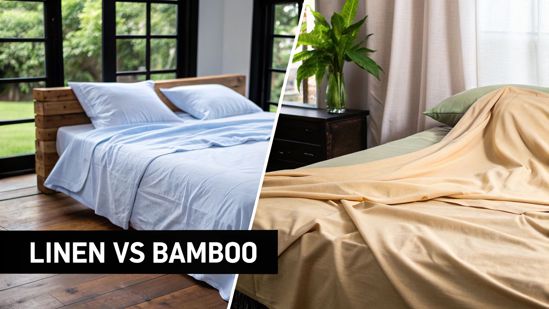 Comparison of linen vs bamboo bed sheets, showing blue linen and tan bamboo bedding.