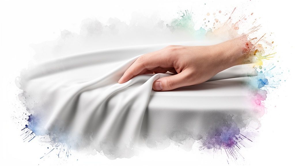 A hand gently touches smooth white cotton sateen sheets, framed by vibrant watercolor splashes.