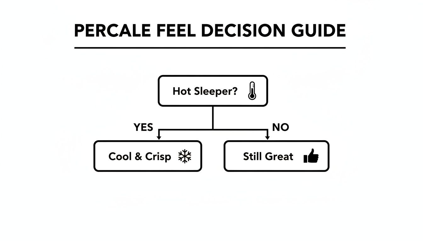 A decision guide flowchart for percale feel, asking 'Hot Sleeper?' leading to 'Cool & Crisp' or 'Still Great'.