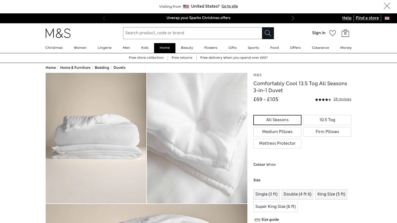 A white duvet on a bed, representing the bedding available from Marks & Spencer.