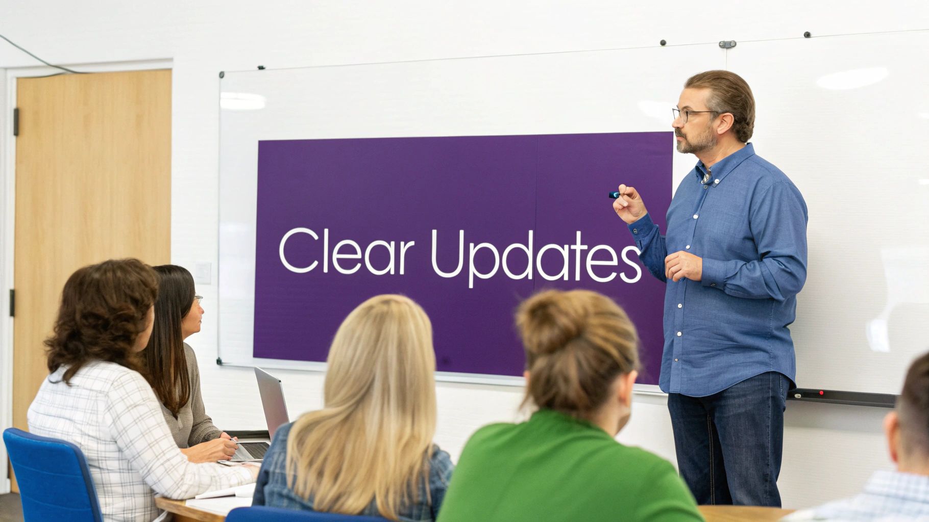 A man presents 'Clear Updates' to a group of people in a bright meeting room.