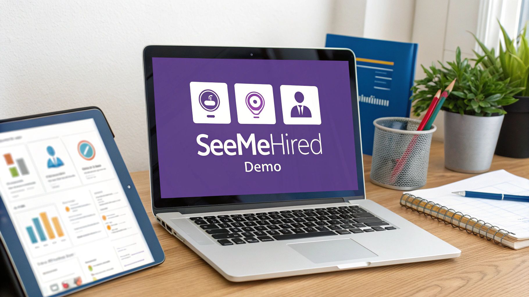 Laptop displaying 'SeeMeHired Demo' with recruitment icons and a tablet showing an analytics dashboard.
