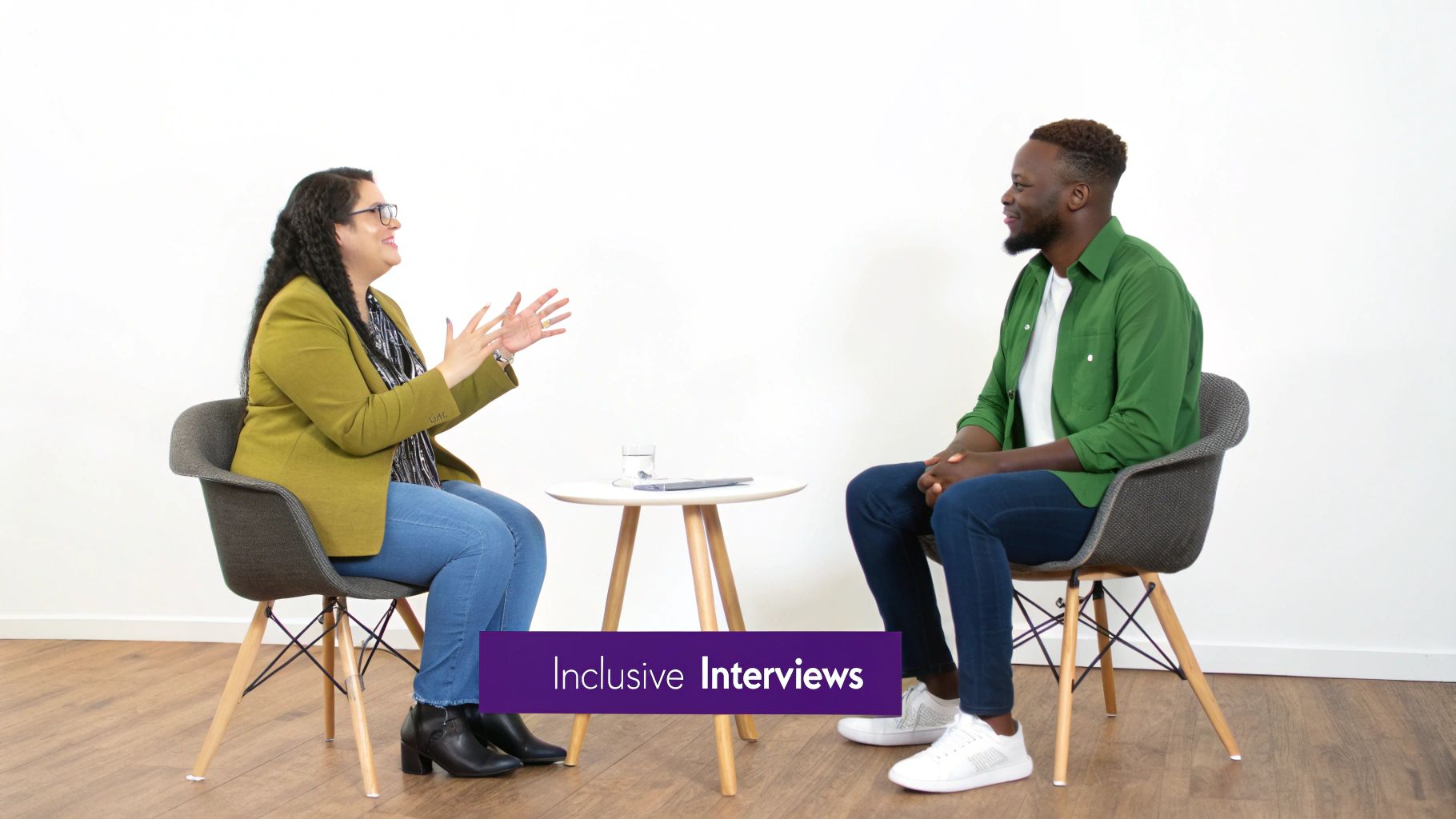Professional interviewer conducting inclusive interview with candidate in modern minimalist office setting