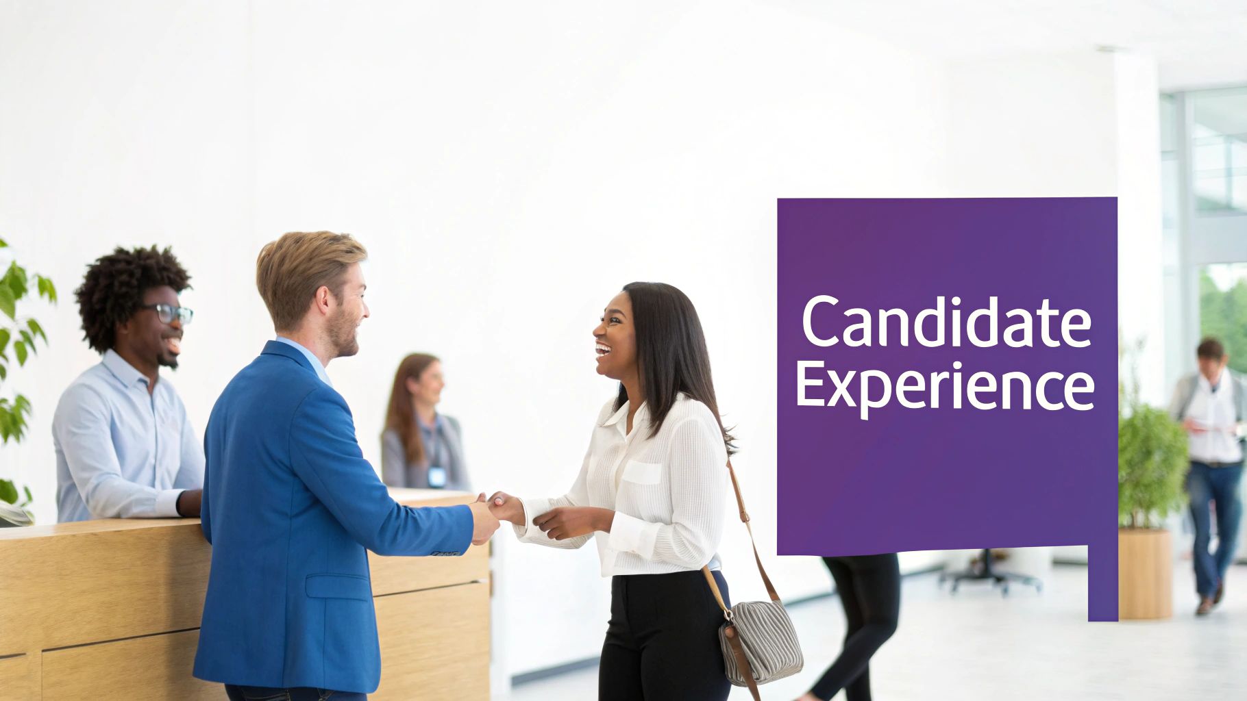 A smiling HR manager having a positive meeting with a job candidate.